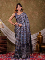 Slate Grey Pure Chinnon Ajrakh Printed Saree with Tassel Edges, Chevron Geometric Print, Designer Ethnic Border & Matching Blouse Piece