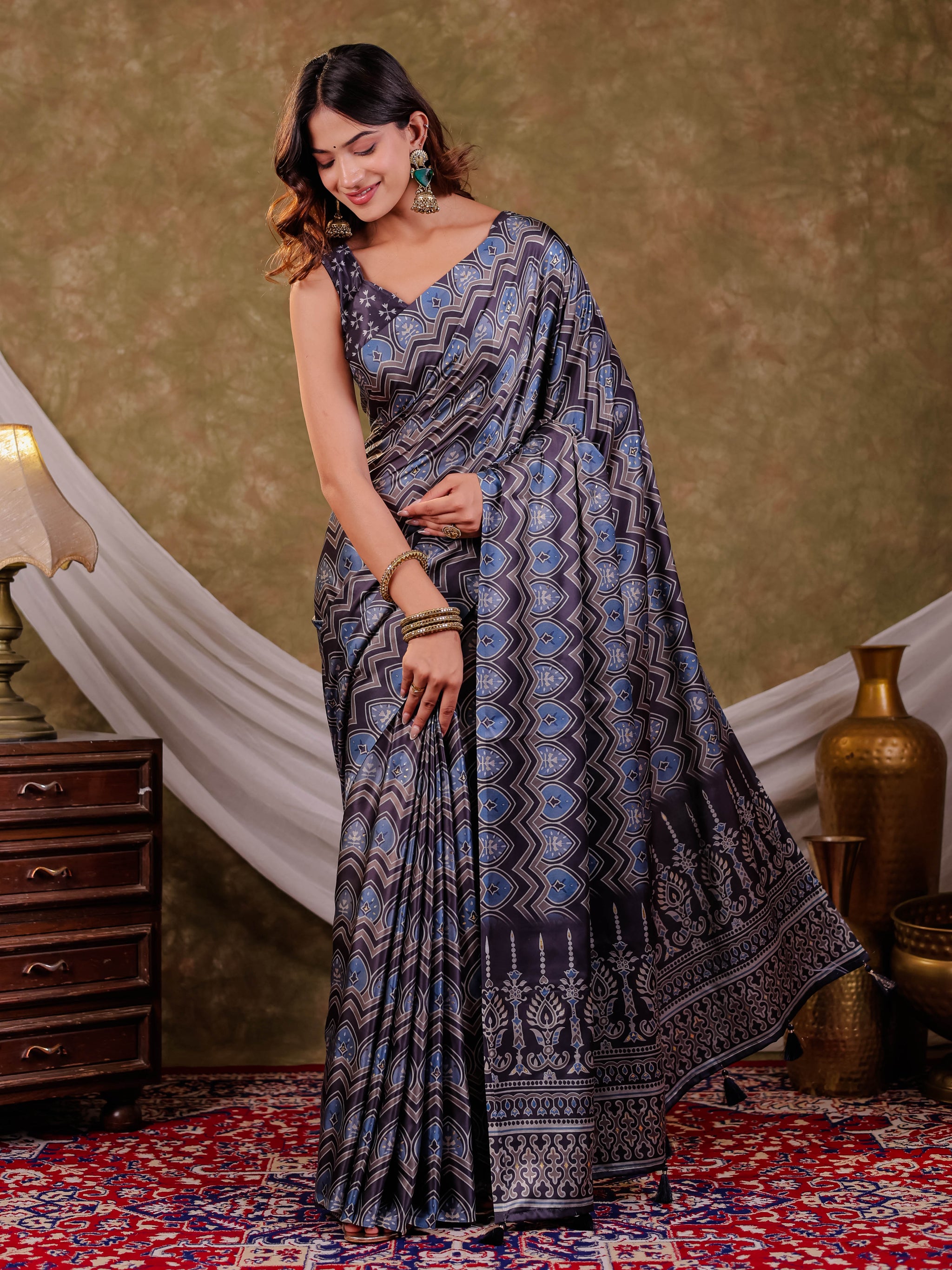 Slate Grey Pure Chinnon Ajrakh Printed Saree with Tassel Edges, Chevron Geometric Print, Designer Ethnic Border & Matching Blouse Piece