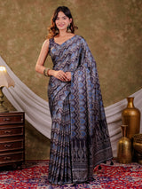 Slate Grey Pure Chinnon Ajrakh Printed Saree with Tassel Edges, Chevron Geometric Print, Designer Ethnic Border & Matching Blouse Piece