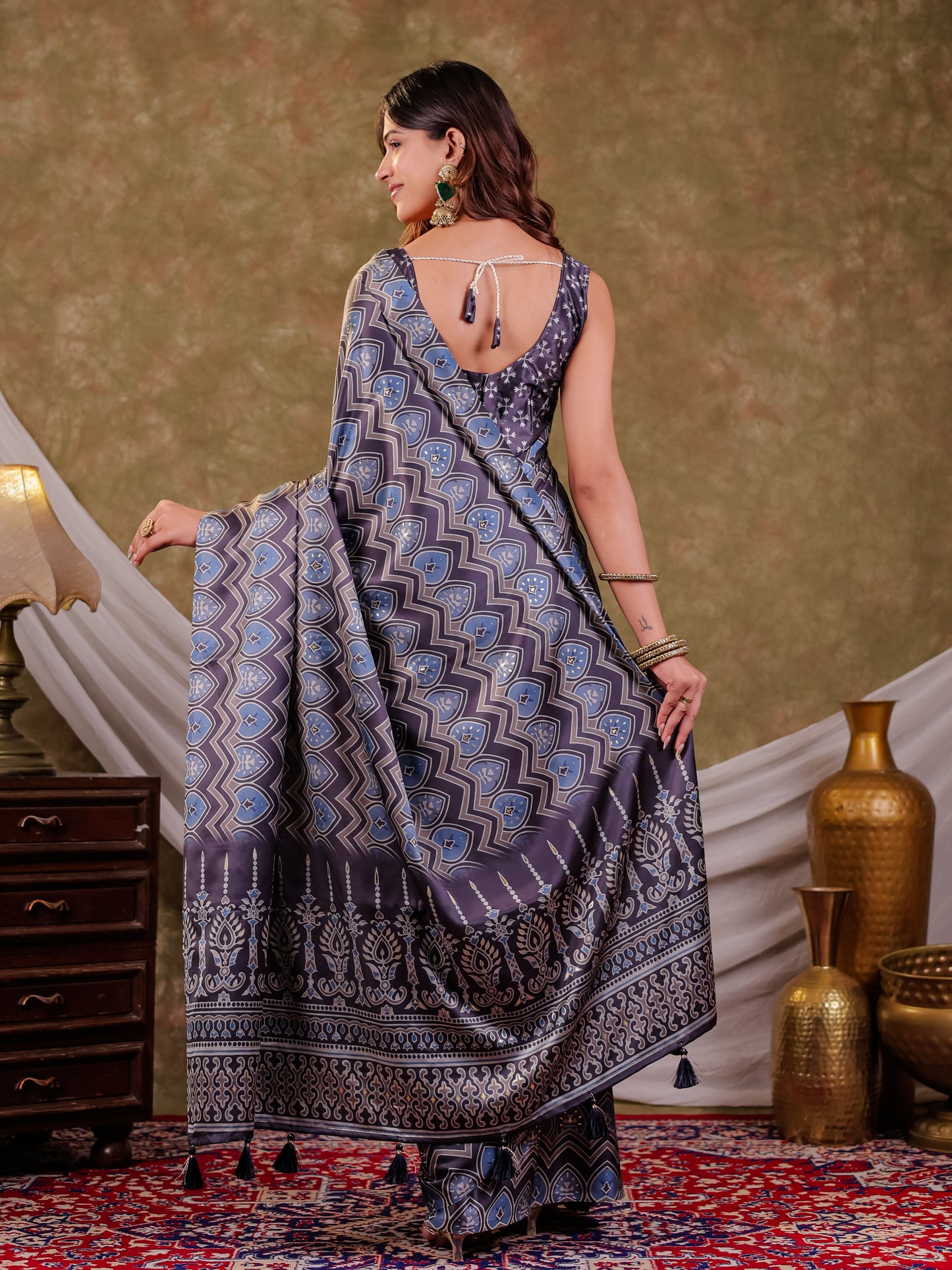 Slate Grey Pure Chinnon Ajrakh Printed Saree with Tassel Edges, Chevron Geometric Print, Designer Ethnic Border & Matching Blouse Piece