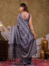 Slate Grey Pure Chinnon Ajrakh Printed Saree with Tassel Edges, Chevron Geometric Print, Designer Ethnic Border & Matching Blouse Piece