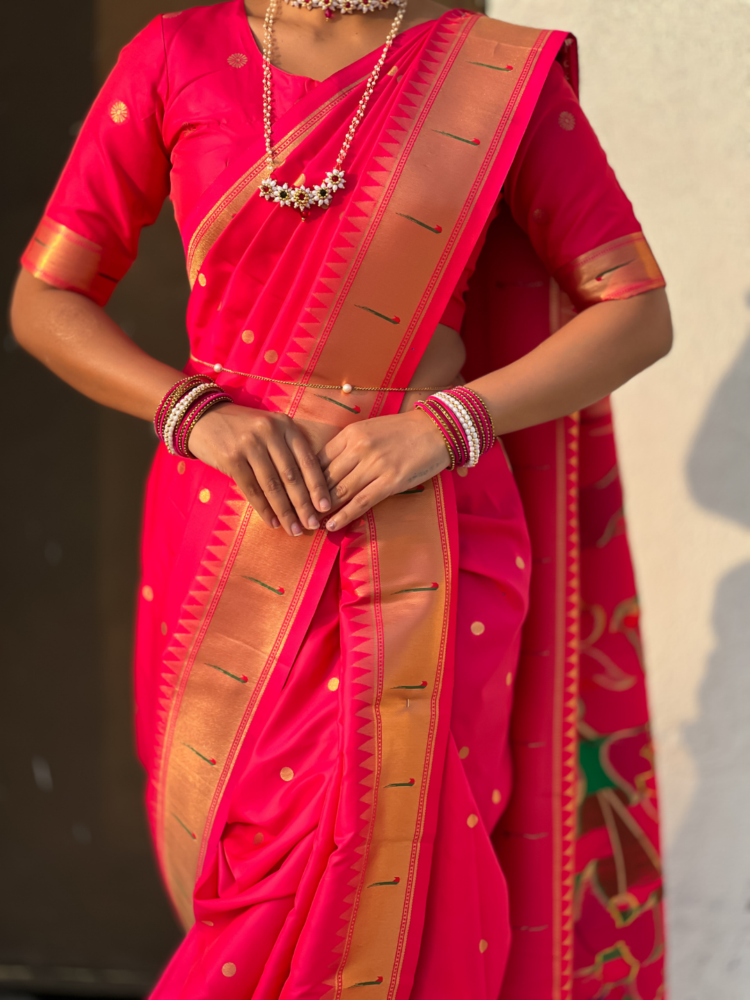 Pink wedding special nauvari paithani soft silk saree with zari woven polka motifs and peacock pallu
