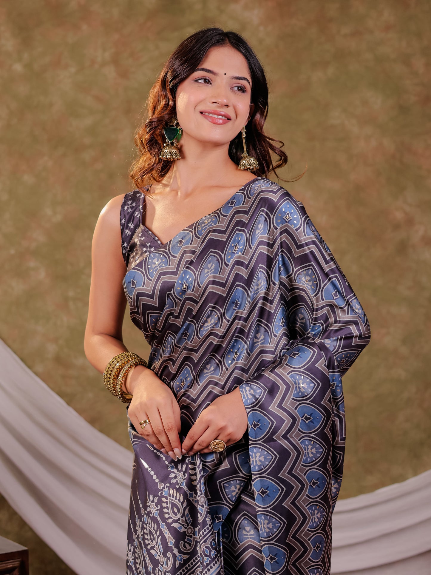 Slate Grey Pure Chinnon Ajrakh Printed Saree with Tassel Edges, Chevron Geometric Print, Designer Ethnic Border & Matching Blouse Piece