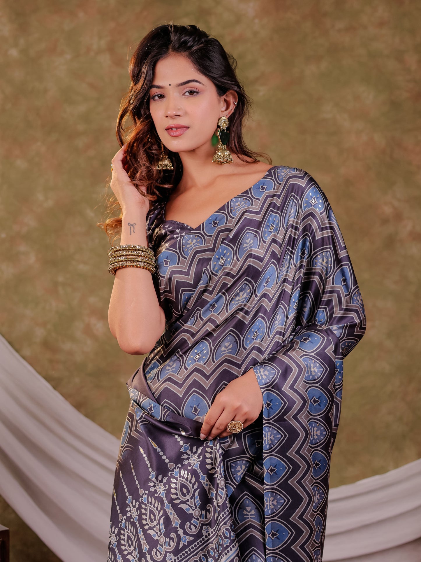 Slate Grey Pure Chinnon Ajrakh Printed Saree with Tassel Edges, Chevron Geometric Print, Designer Ethnic Border & Matching Blouse Piece