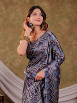 Slate Grey Pure Chinnon Ajrakh Printed Saree with Tassel Edges, Chevron Geometric Print, Designer Ethnic Border & Matching Blouse Piece