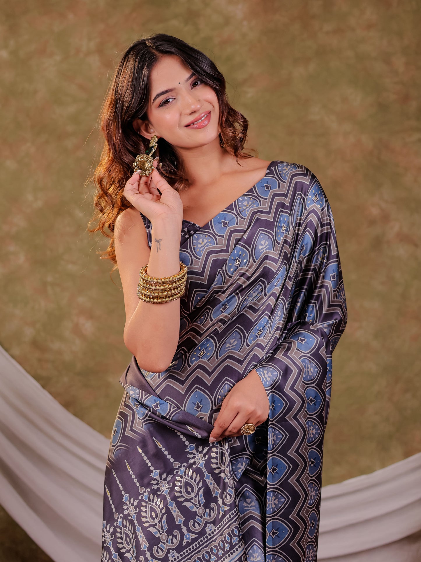 Slate Grey Pure Chinnon Ajrakh Printed Saree with Tassel Edges, Chevron Geometric Print, Designer Ethnic Border & Matching Blouse Piece