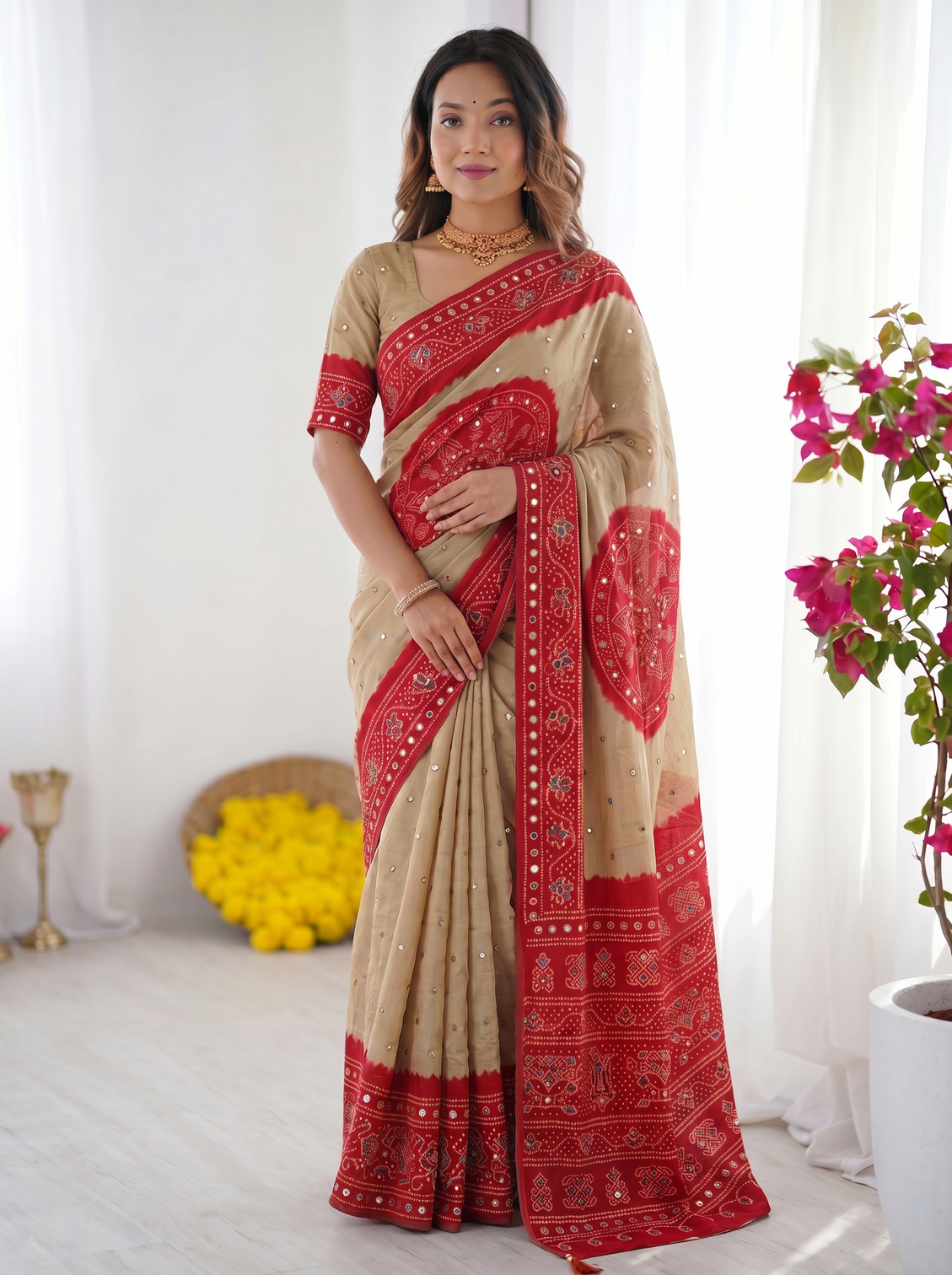 Beige crimson red bandhani inspired modal silk saree with traditional folk print pallu stone embellishments