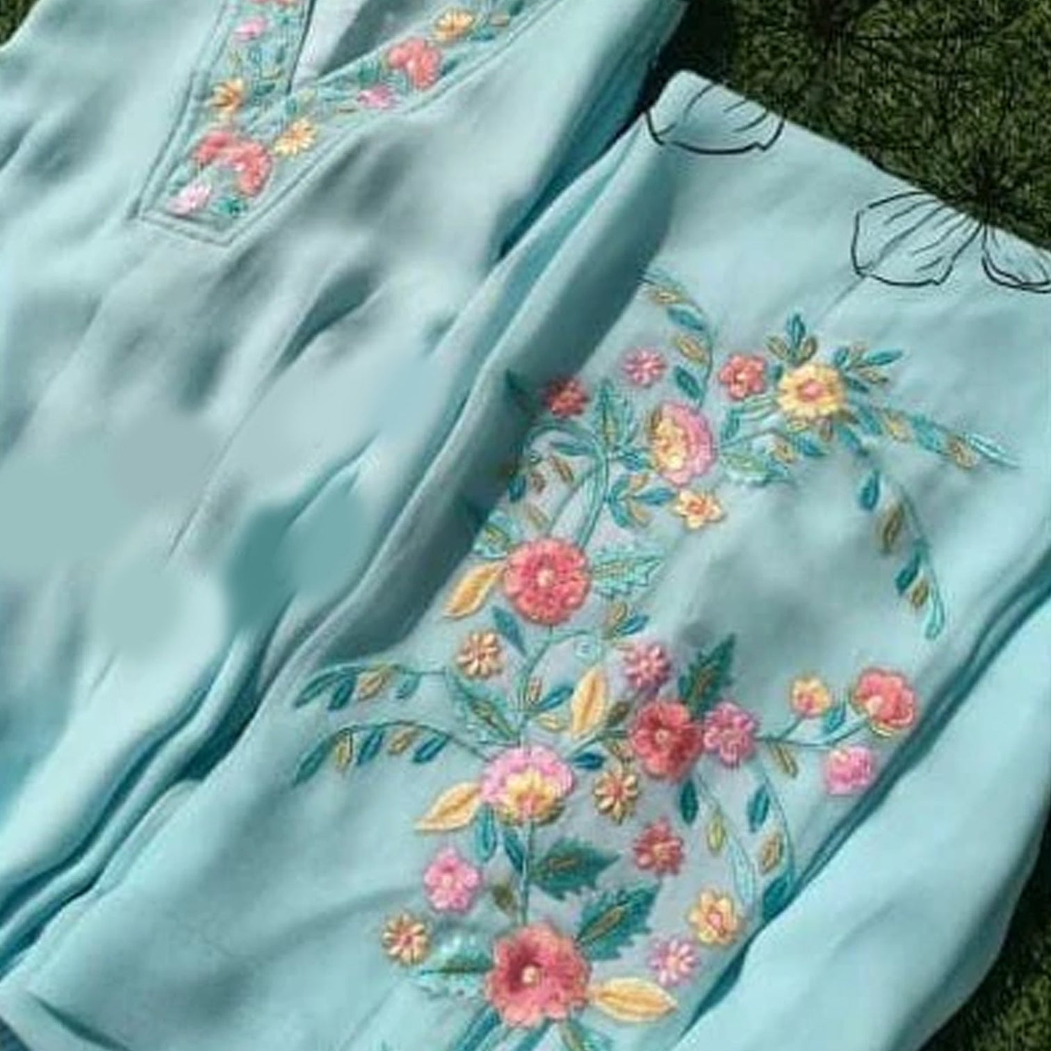 Sky Blue Georgette Semi-stitched Suit with Heavy Thread and Resham work