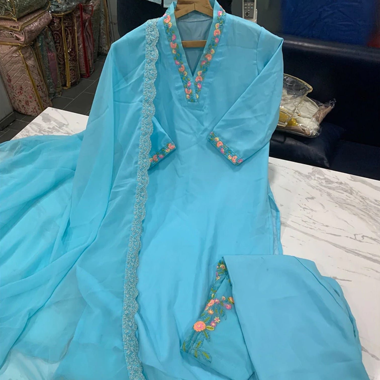 Sky Blue Georgette Semi-stitched Suit with Heavy Thread and Resham work