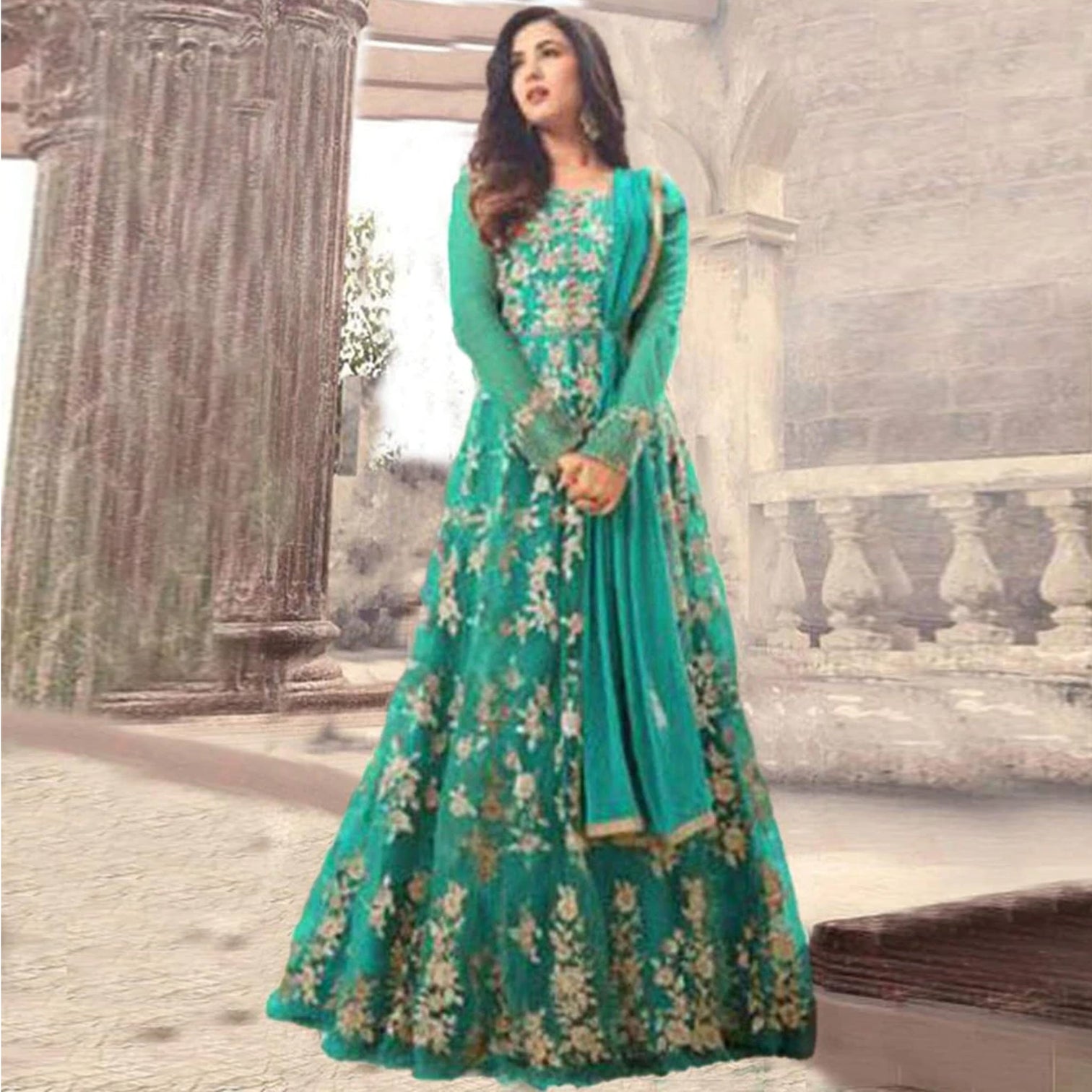 Sky Blue Net Designer Gown with Heavy Embroidery work