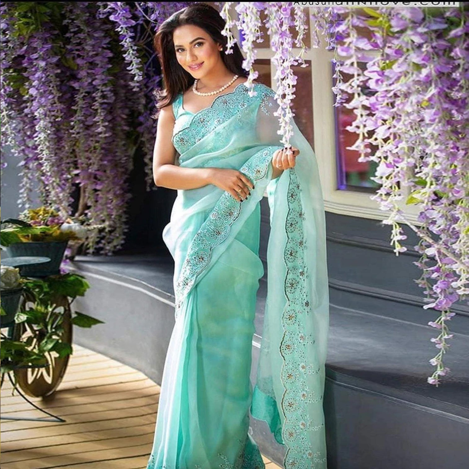 Sky Blue Organza Silk Saree with Beautiful Viscose Embroidery Work and Silk Blouse for Wedding