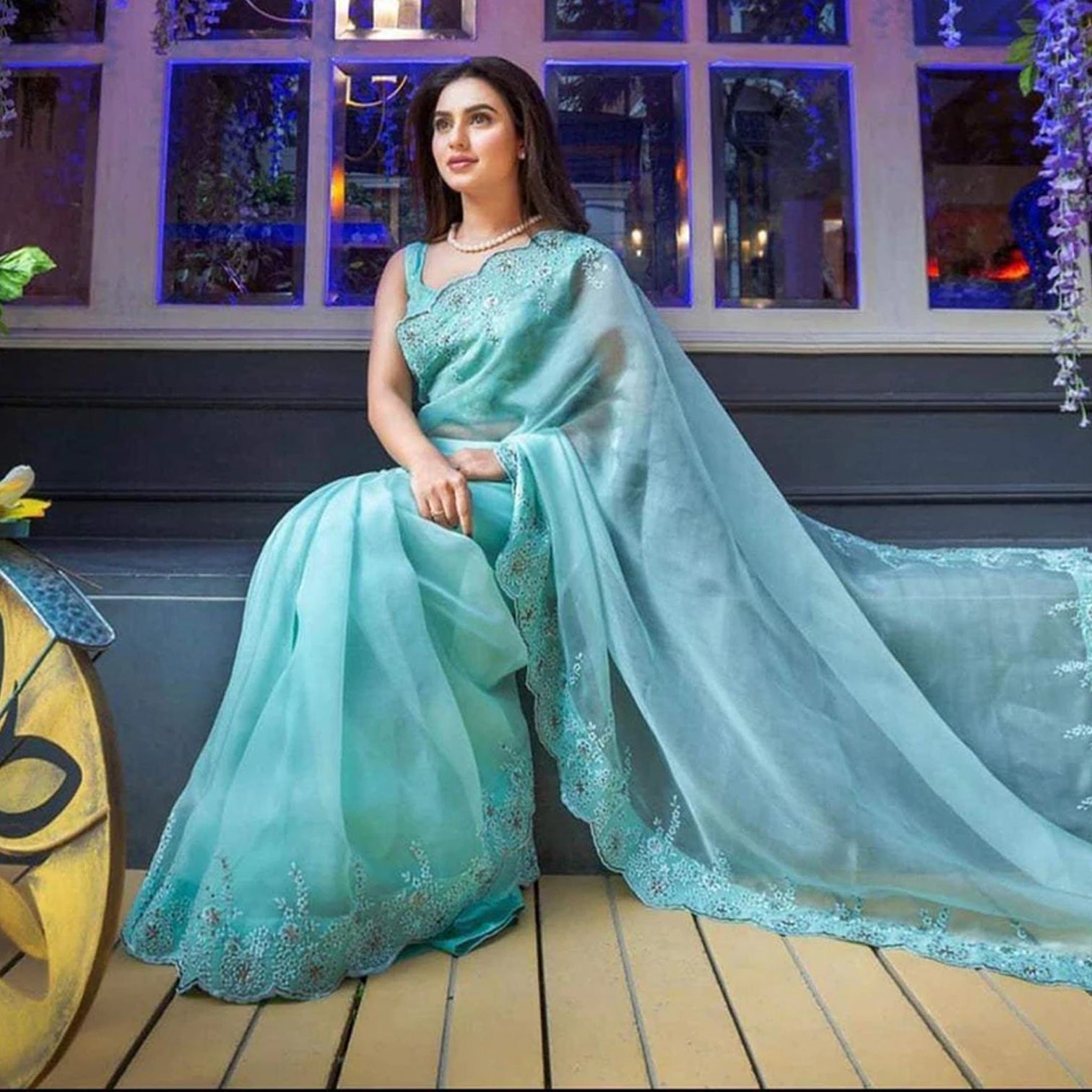 Sky Blue Organza Silk Saree with Beautiful Viscose Embroidery Work and Silk Blouse for Wedding