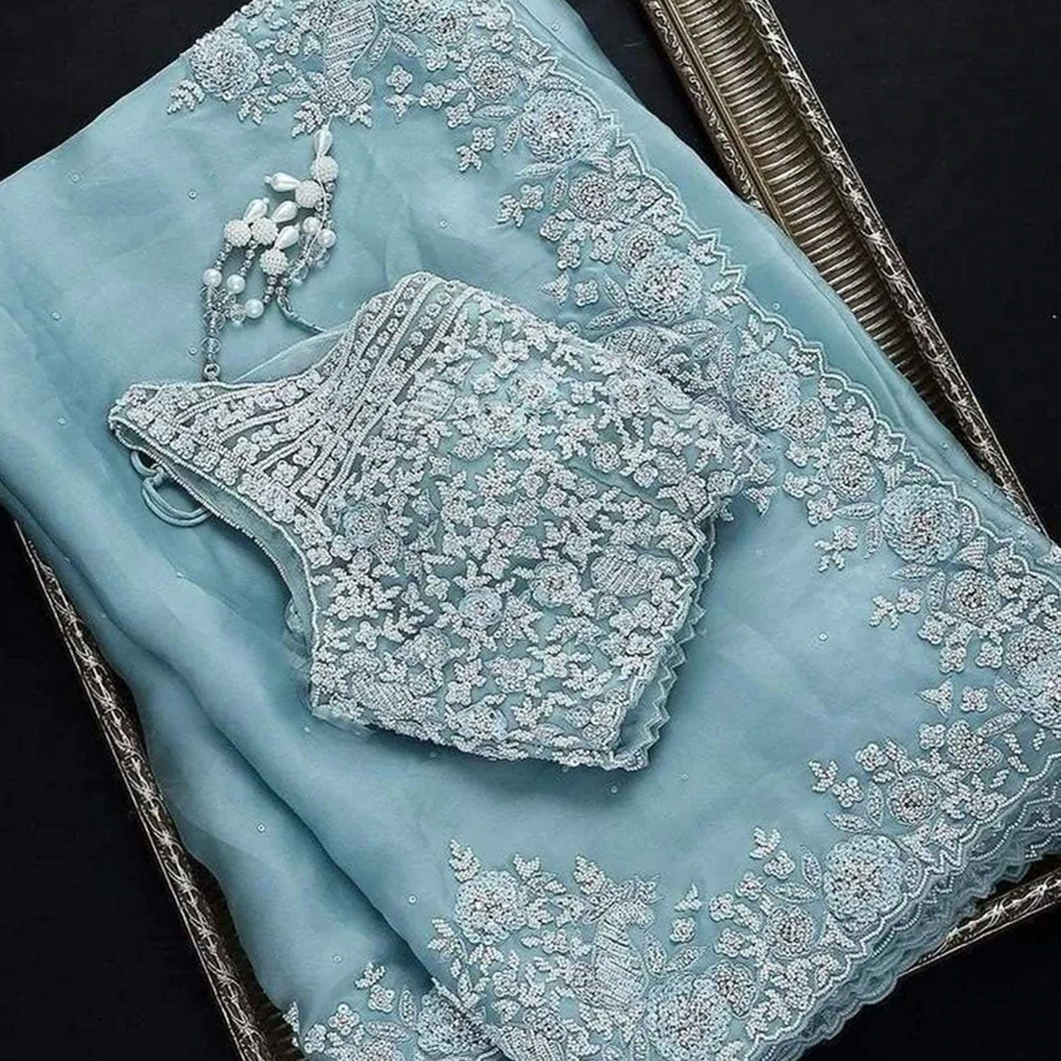 Sky Blue Organza Silk Saree with Heavy Embroidery work