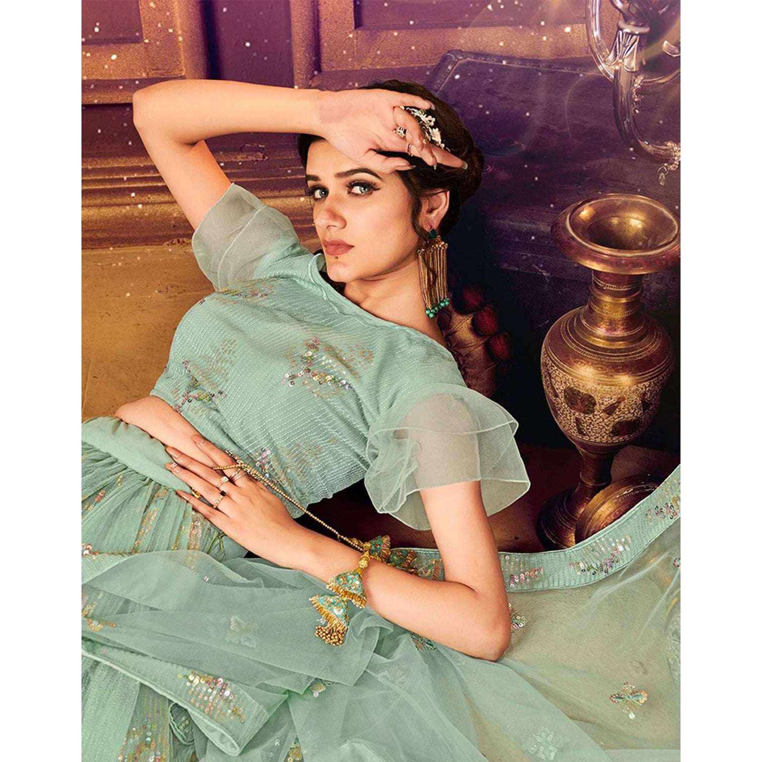 Light Green color Soft Net Lehenga with Heavy Sequence work