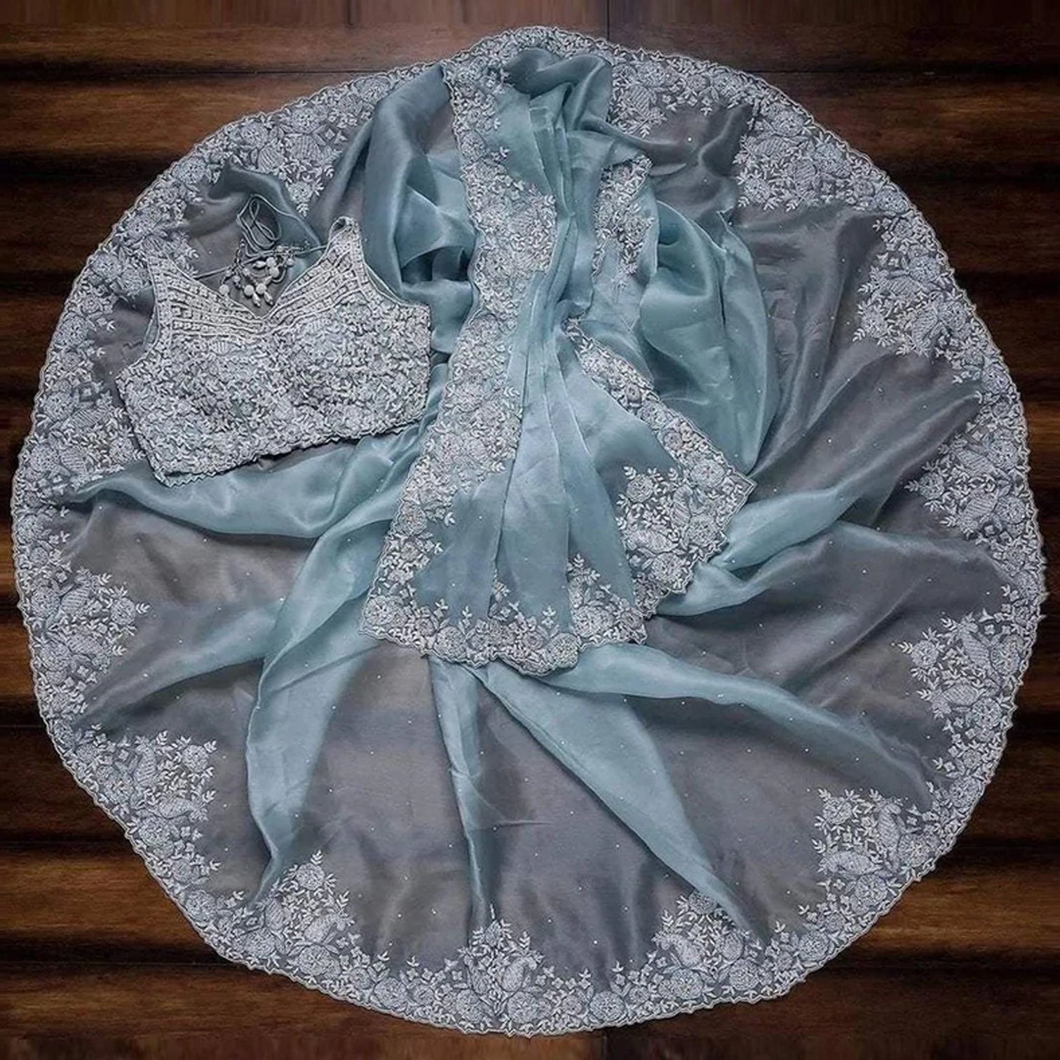 Sky Blue Organza Silk Saree with Heavy Embroidery work