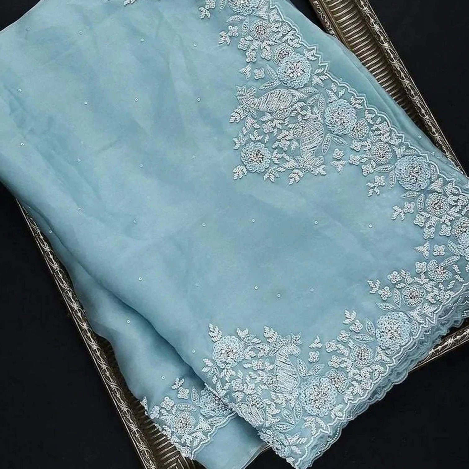 Sky Blue Organza Silk Saree with Heavy Embroidery work