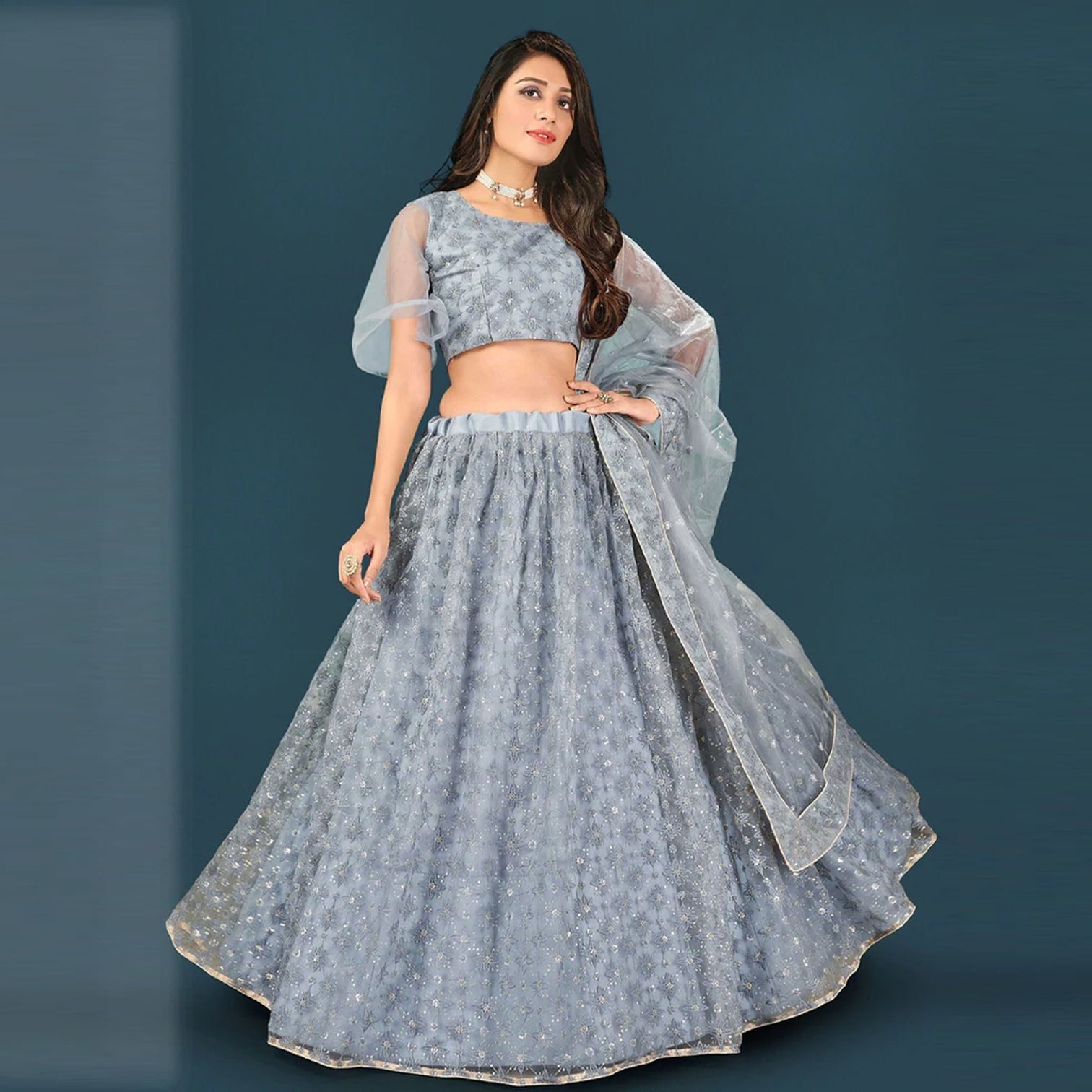 Soft Net Lehenga Choli with Heavy Thread and Sequins Work