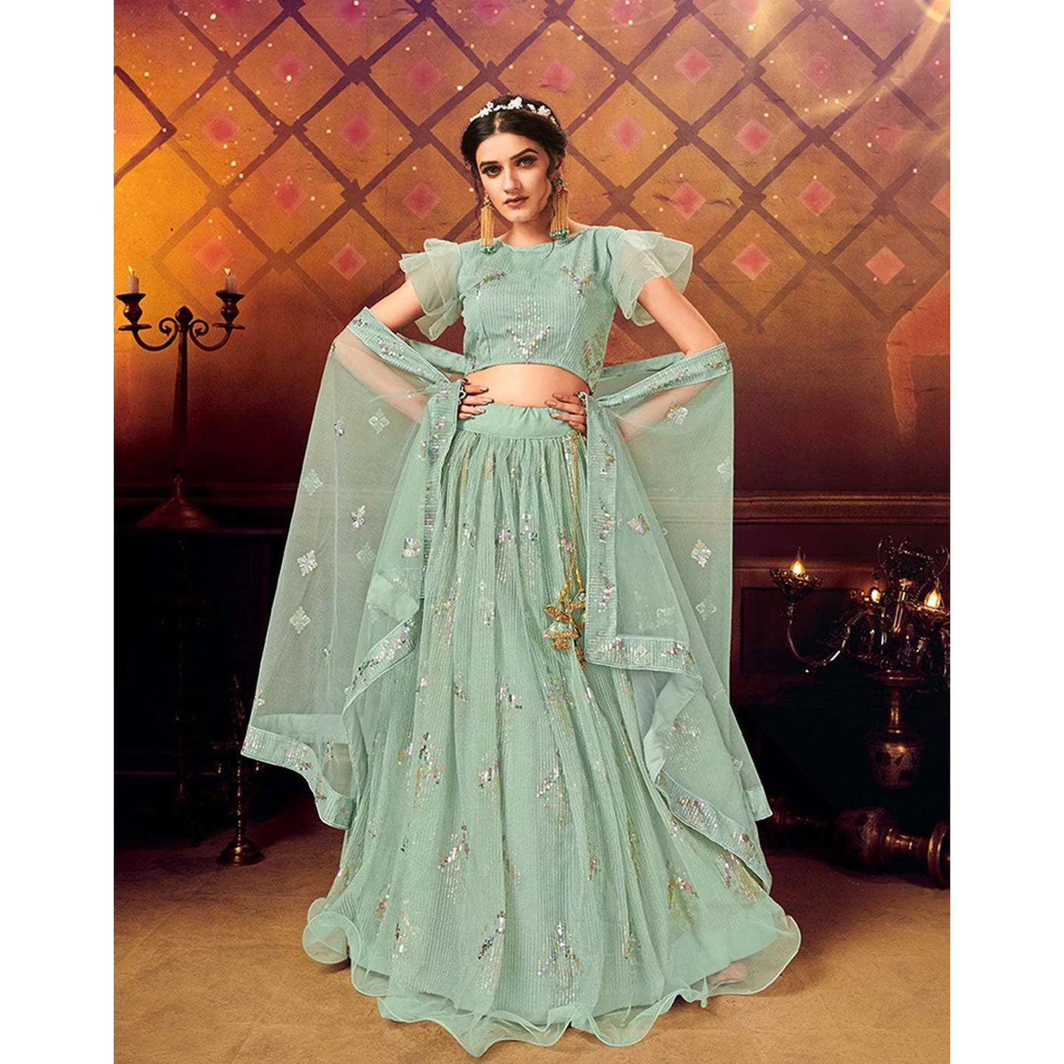 Light Green color Soft Net Lehenga with Heavy Sequence work