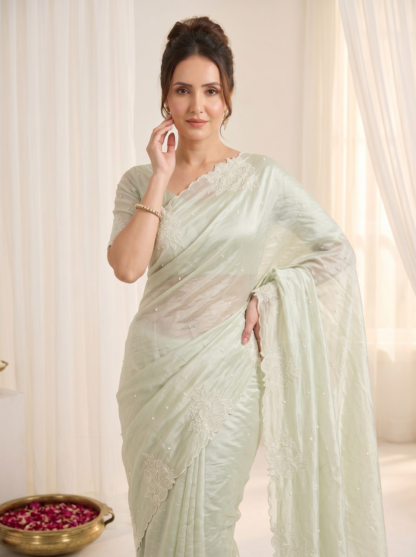 Pista Pure Raspberry Crush Silk Saree with Lucknowi Embroidery