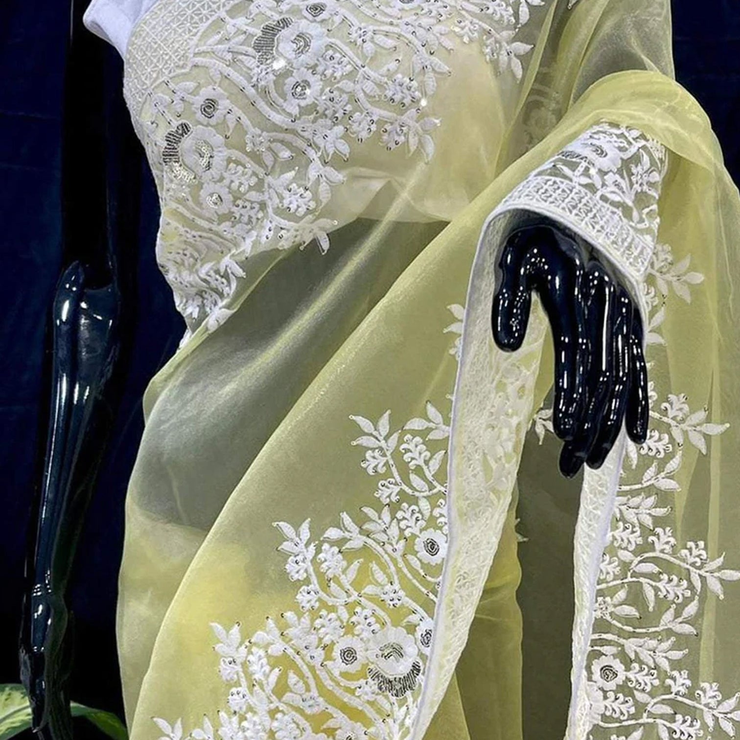 Soft Organza High Quality Saree with Viscose Thread Sequence Work with White Silk Blouse