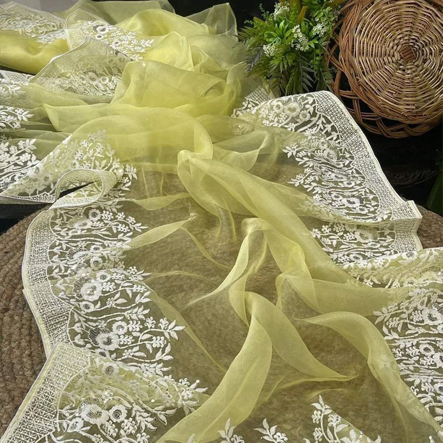 Soft Organza High Quality Saree with Viscose Thread Sequence Work with White Silk Blouse