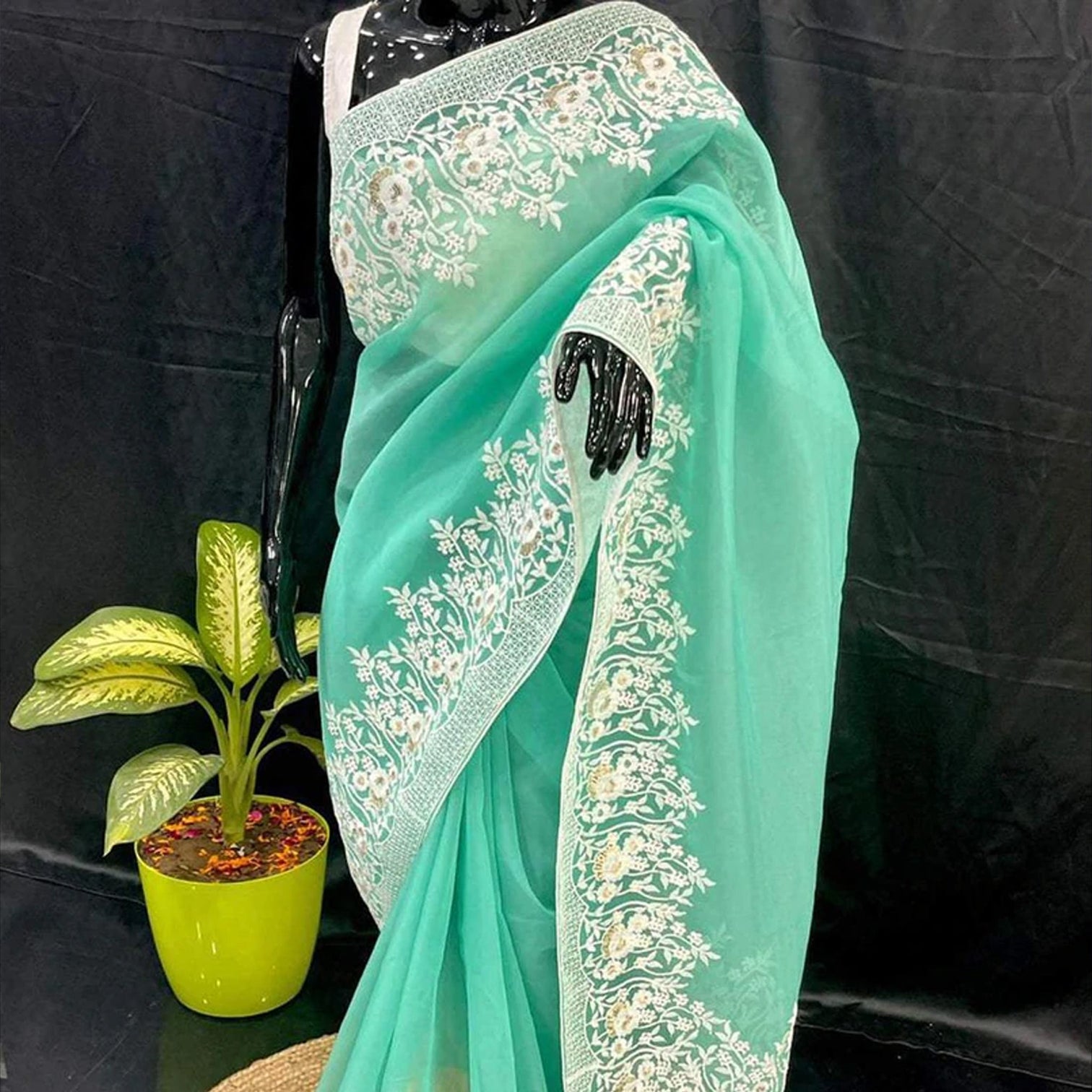 Soft Organza High Quality Saree with Viscose Thread Sequence Work with White Silk Blouse