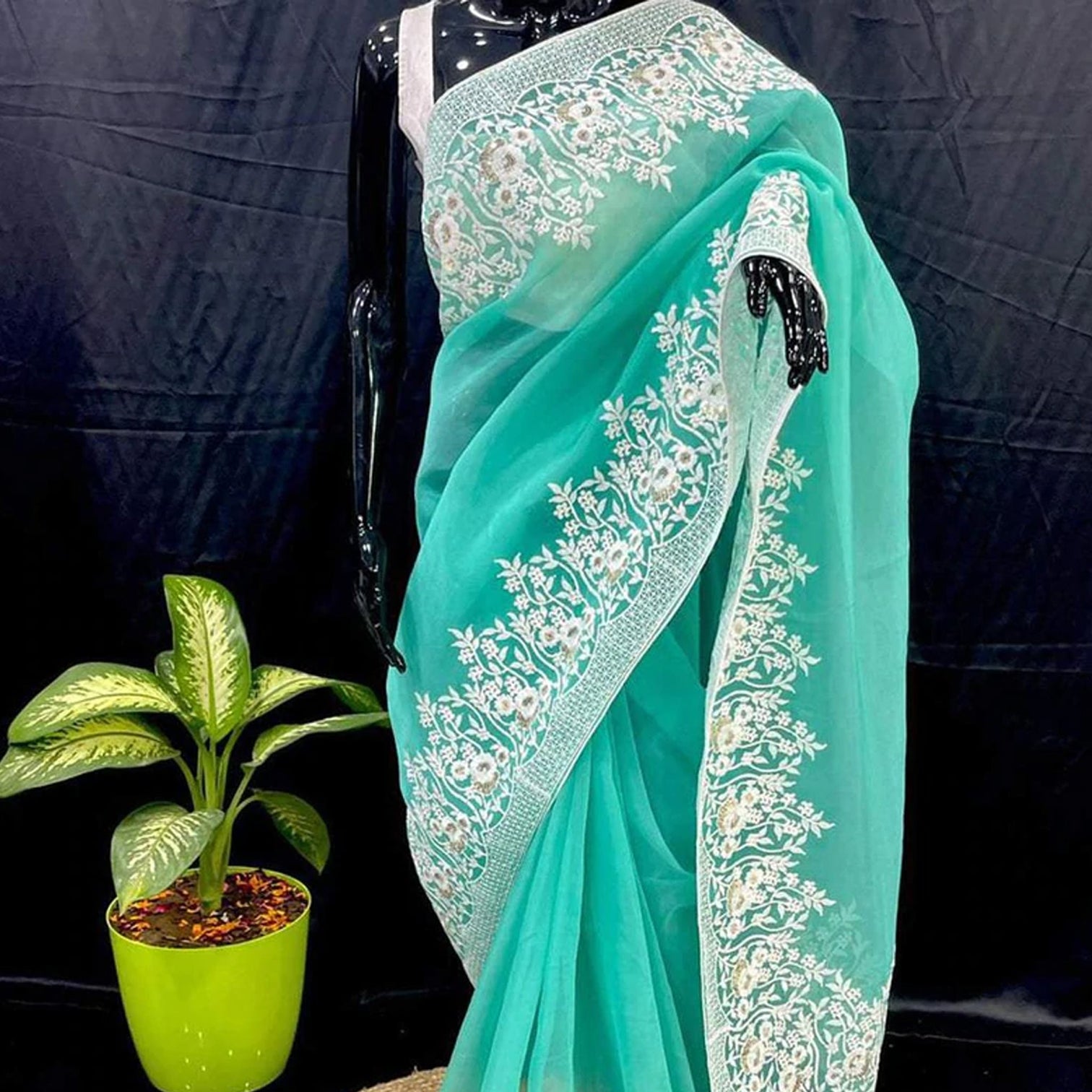 Soft Organza High Quality Saree with Viscose Thread Sequence Work with White Silk Blouse