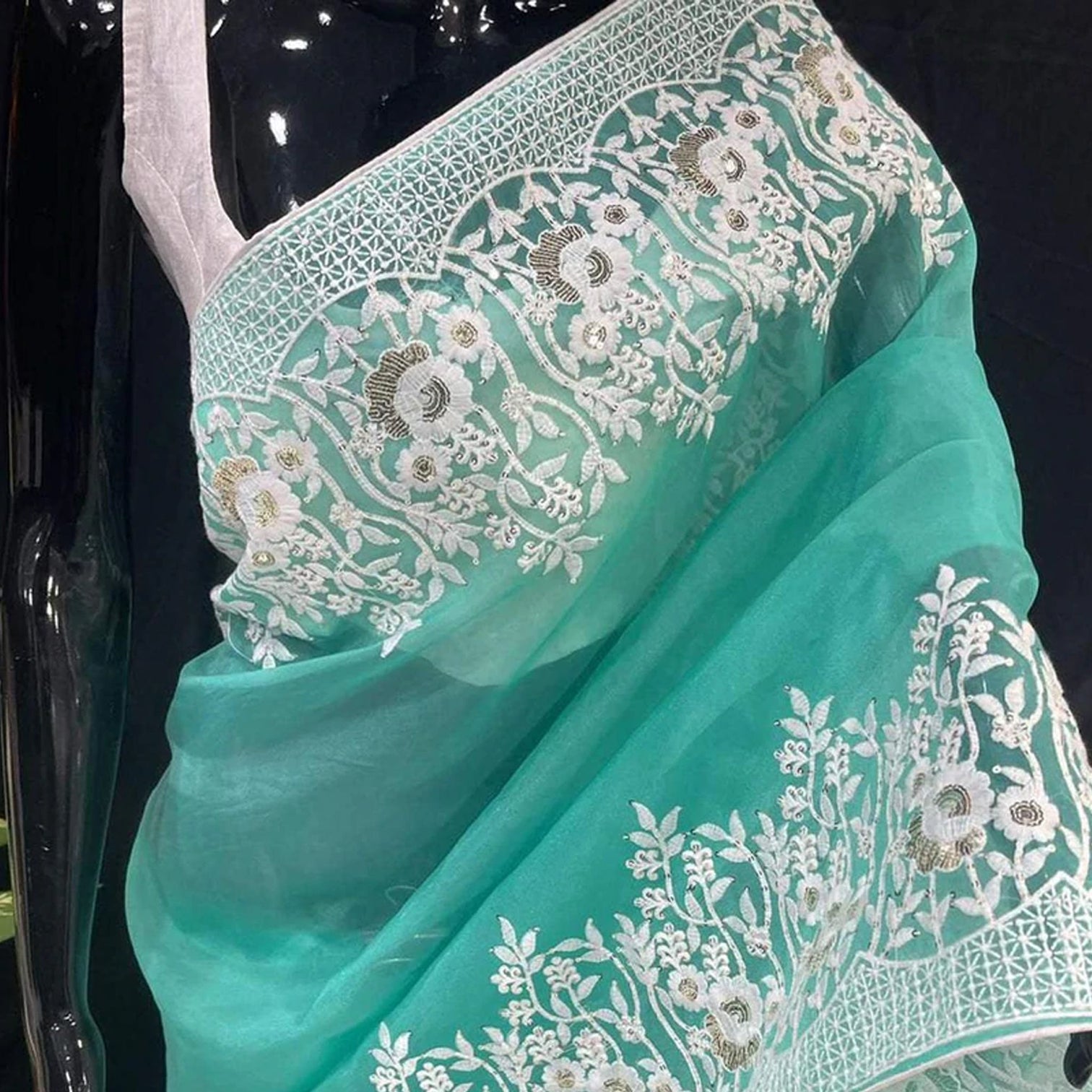 Soft Organza High Quality Saree with Viscose Thread Sequence Work with White Silk Blouse