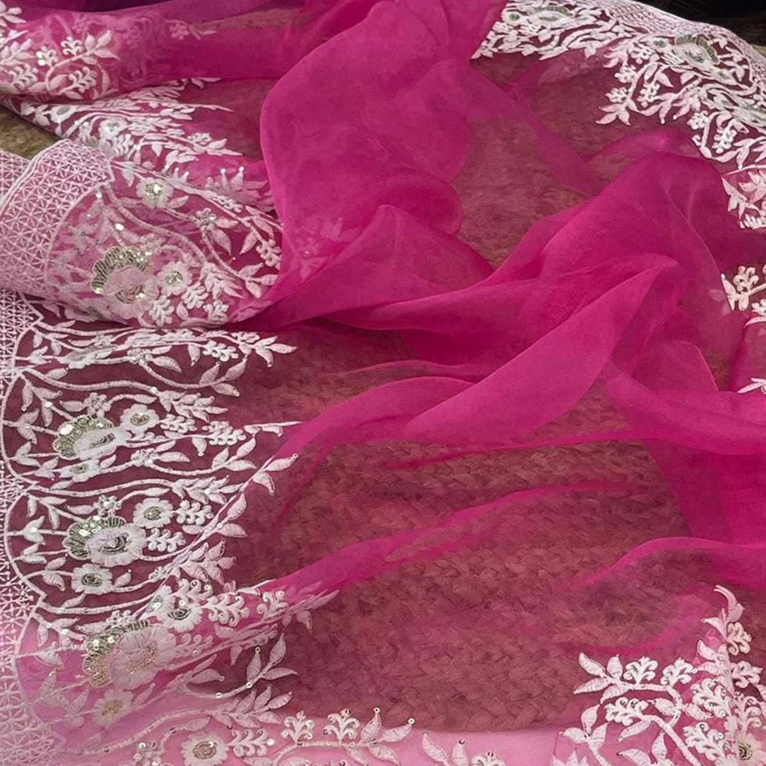 Soft Organza High Quality Saree with Viscose Thread Sequence Work with White Silk Blouse