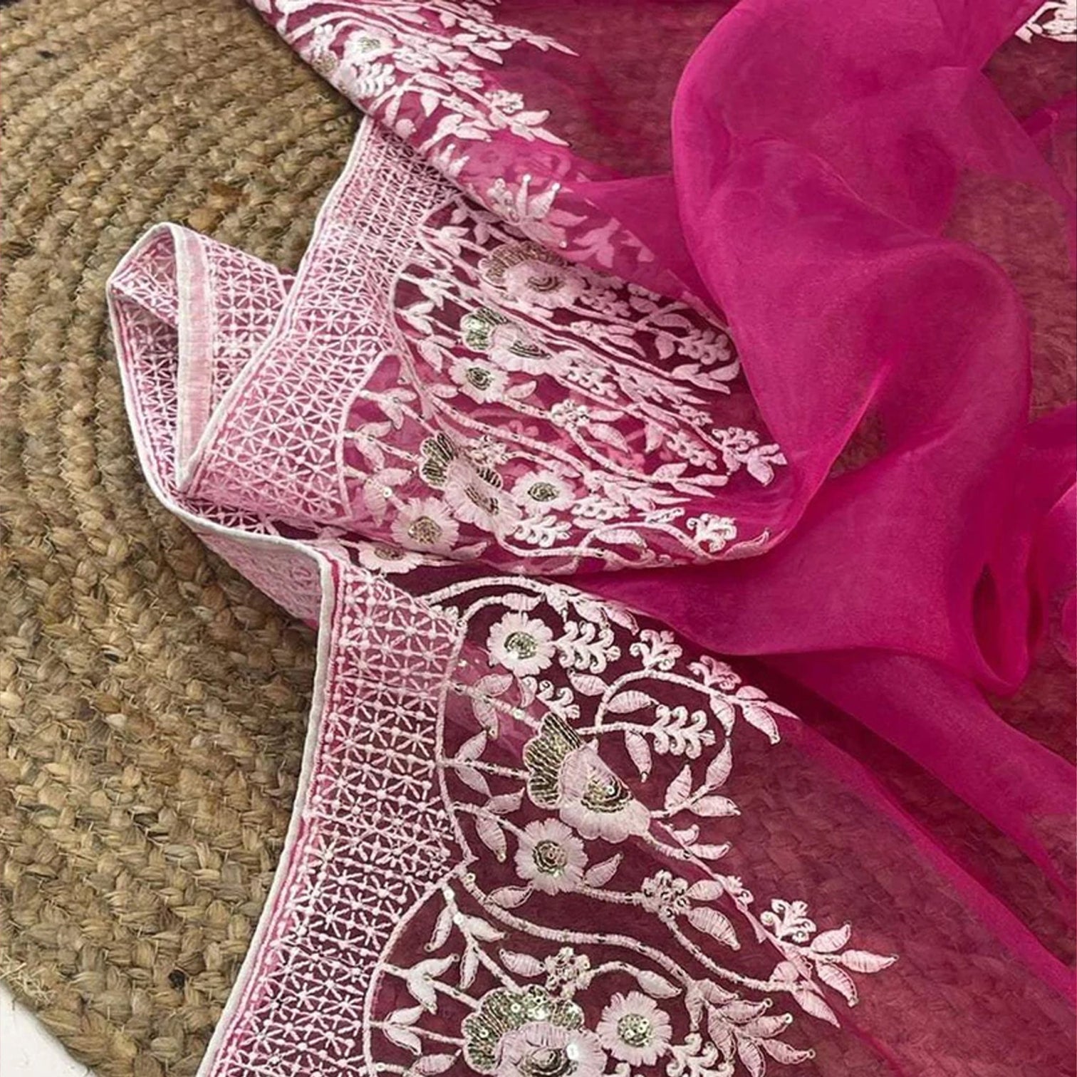Soft Organza High Quality Saree with Viscose Thread Sequence Work with White Silk Blouse