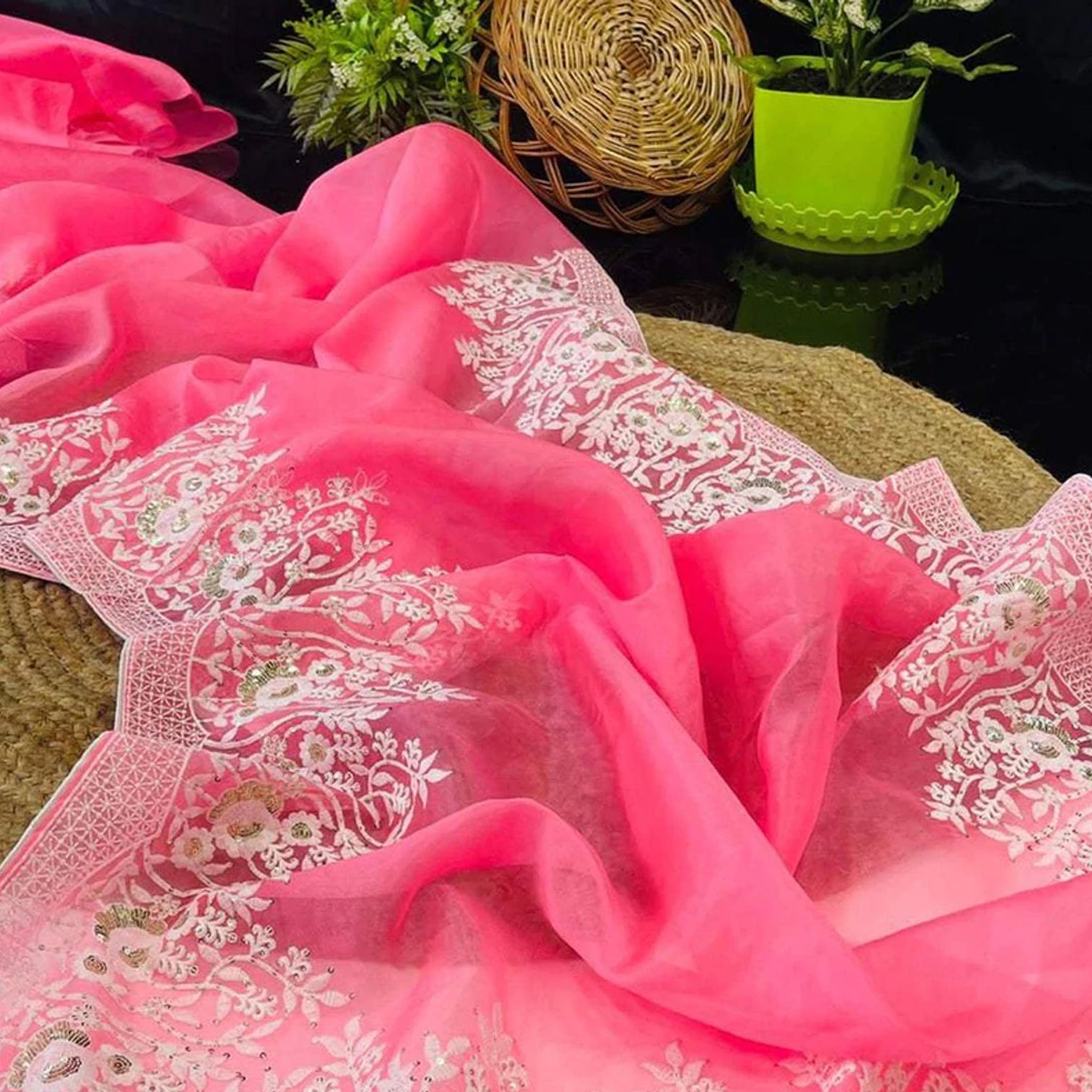 Soft Organza High Quality Saree with Viscose Thread Sequence Work with White Silk Blouse