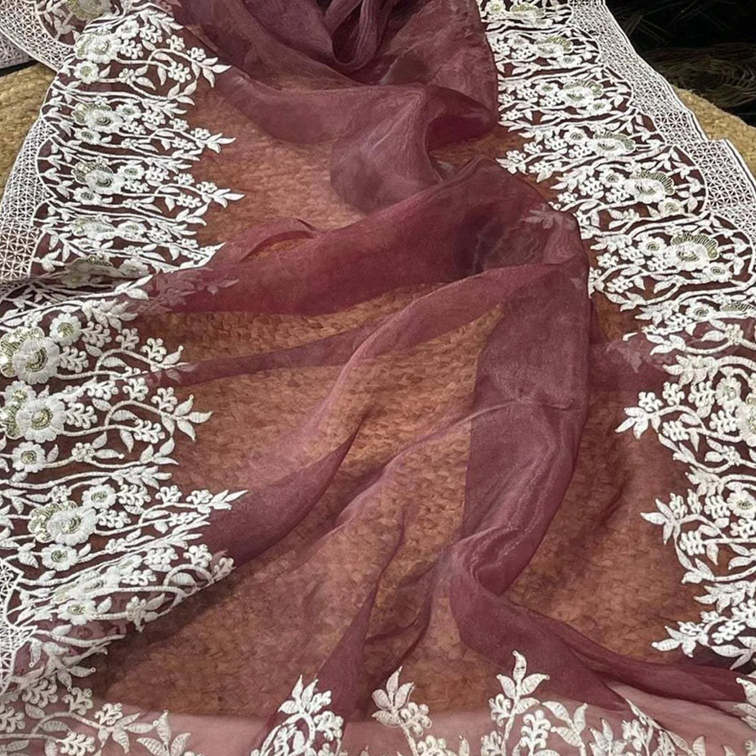 Soft Organza High Quality Saree with Viscose Thread Sequence Work with White Silk Blouse