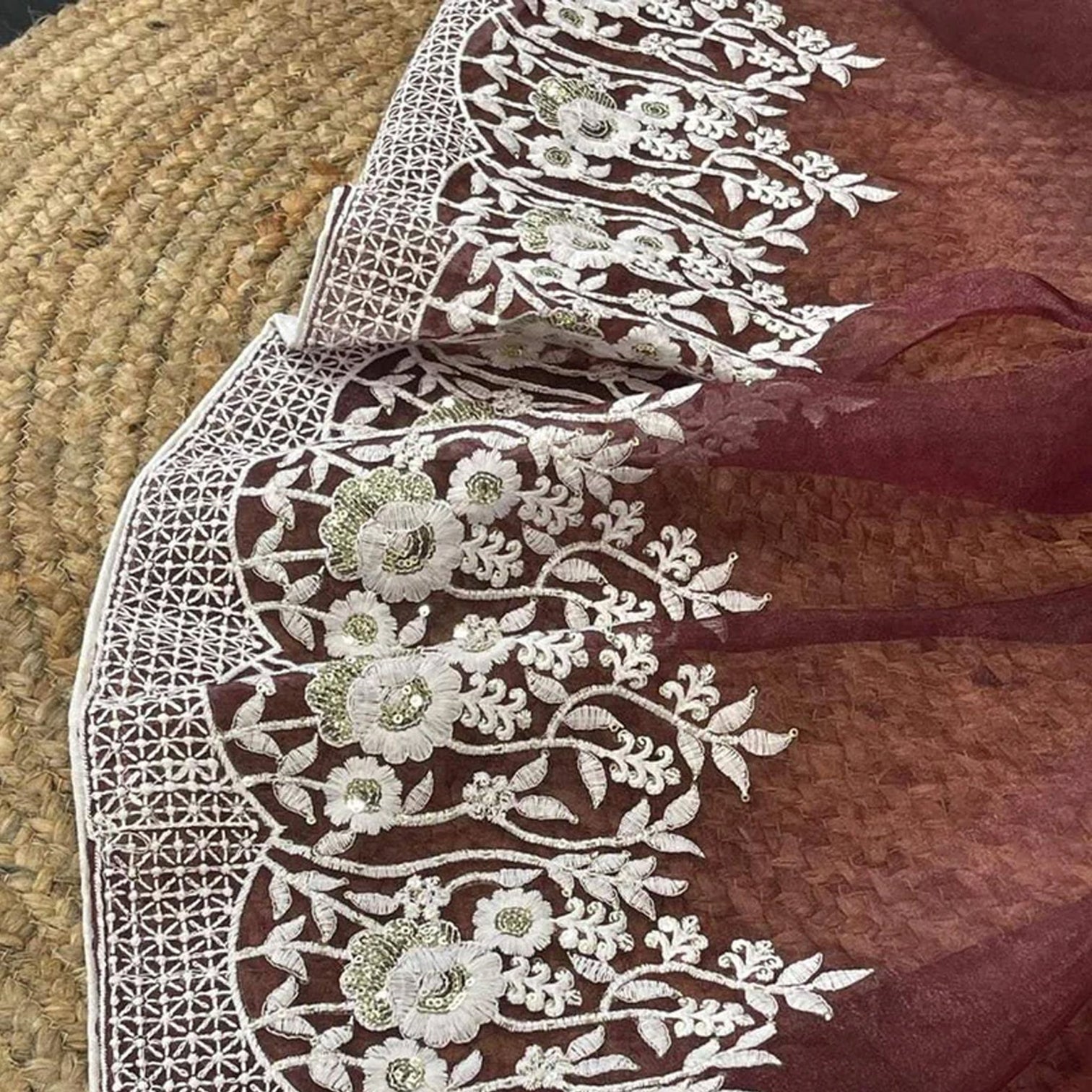 Soft Organza High Quality Saree with Viscose Thread Sequence Work with White Silk Blouse