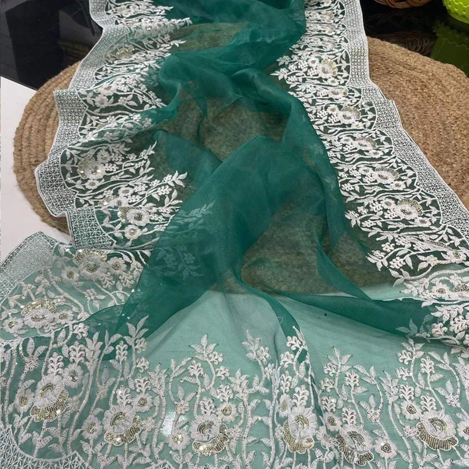 Soft Organza High Quality Saree with Viscose Thread Sequence Work with White Silk Blouse