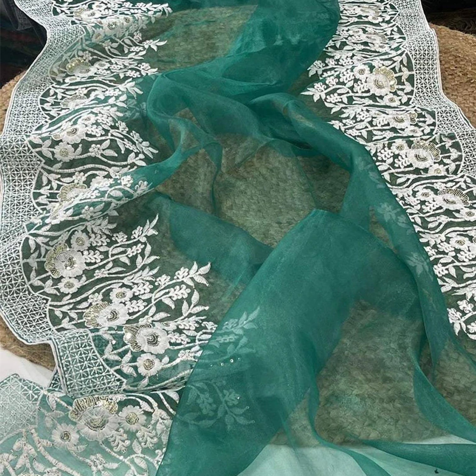 Soft Organza High Quality Saree with Viscose Thread Sequence Work with White Silk Blouse