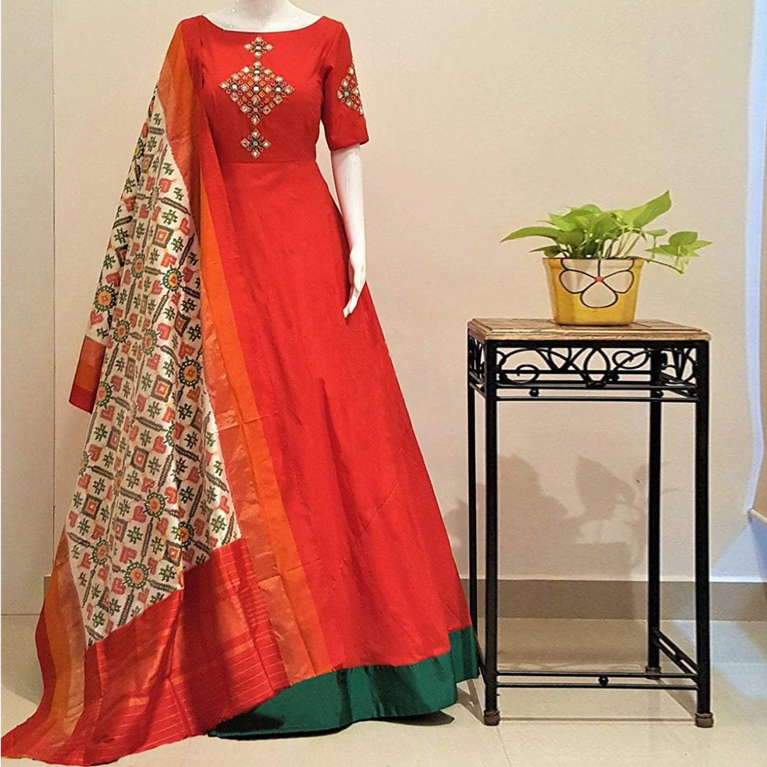 Sparkling Foil Mirror Work Tafeta Silk Readymade Gown