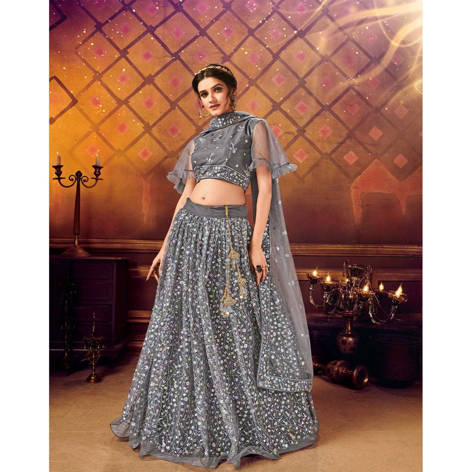 Grey color Soft Net Lanenga with Heavy Sequence work