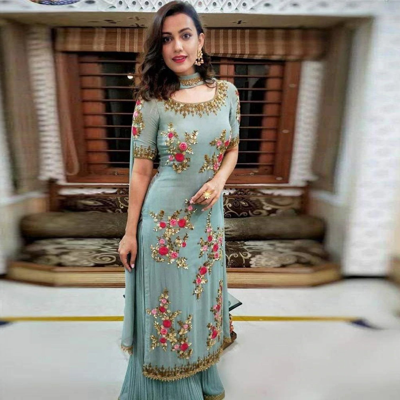 Stylish Stone Blue Salwar Suit Palazzo with Embroidery work and Floral Design