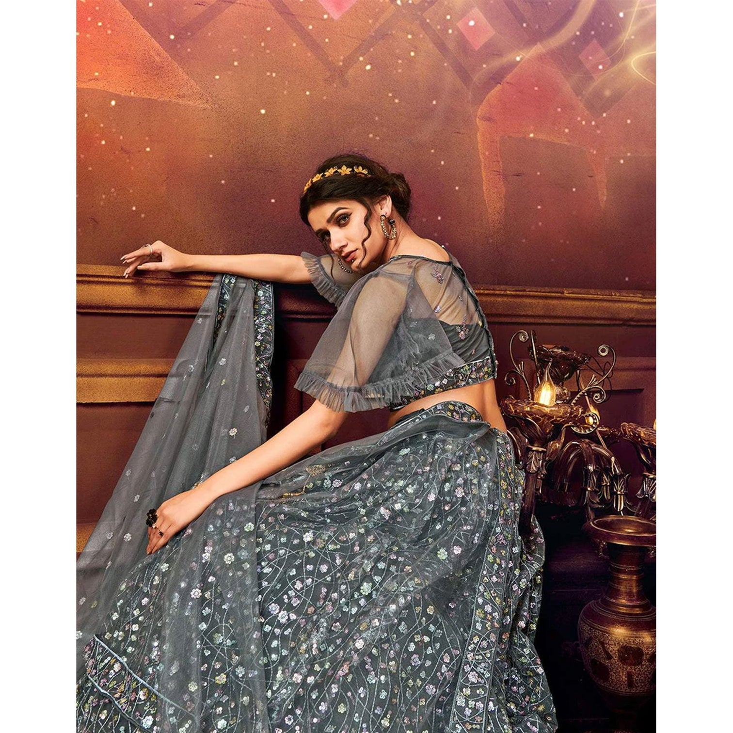 Grey color Soft Net Lanenga with Heavy Sequence work