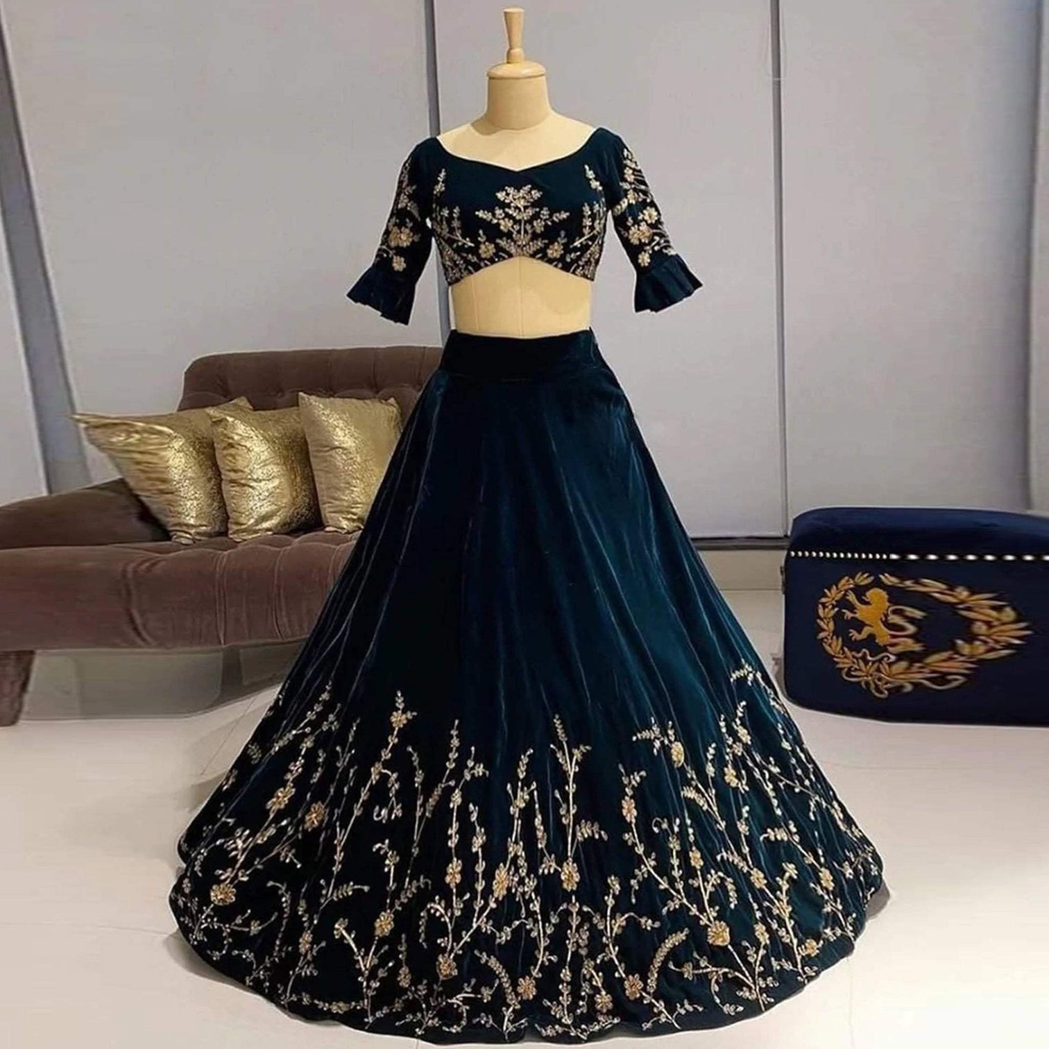 Velvet Lehenga Choli in Rama Color with Embroidery Work