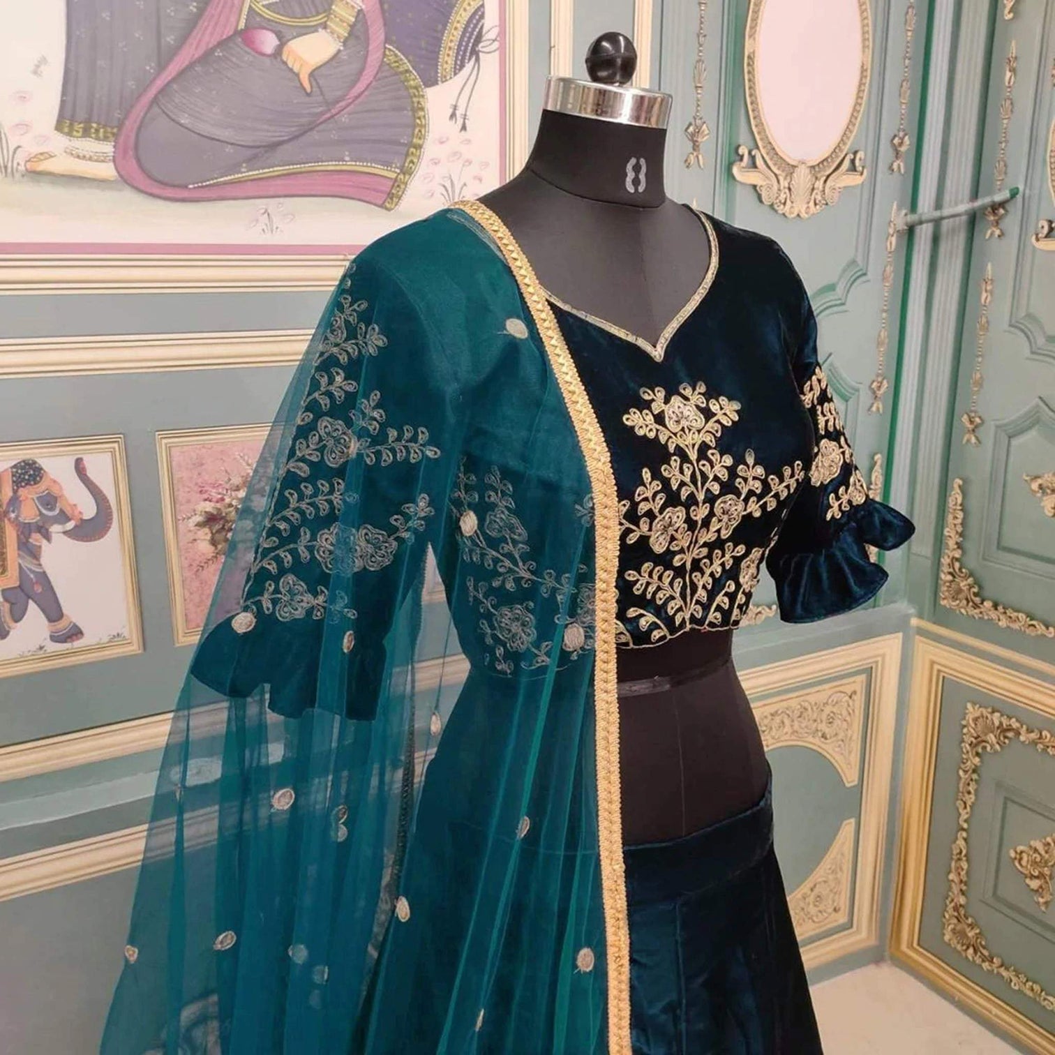 Velvet Lehenga Choli in Rama Color with Embroidery Work
