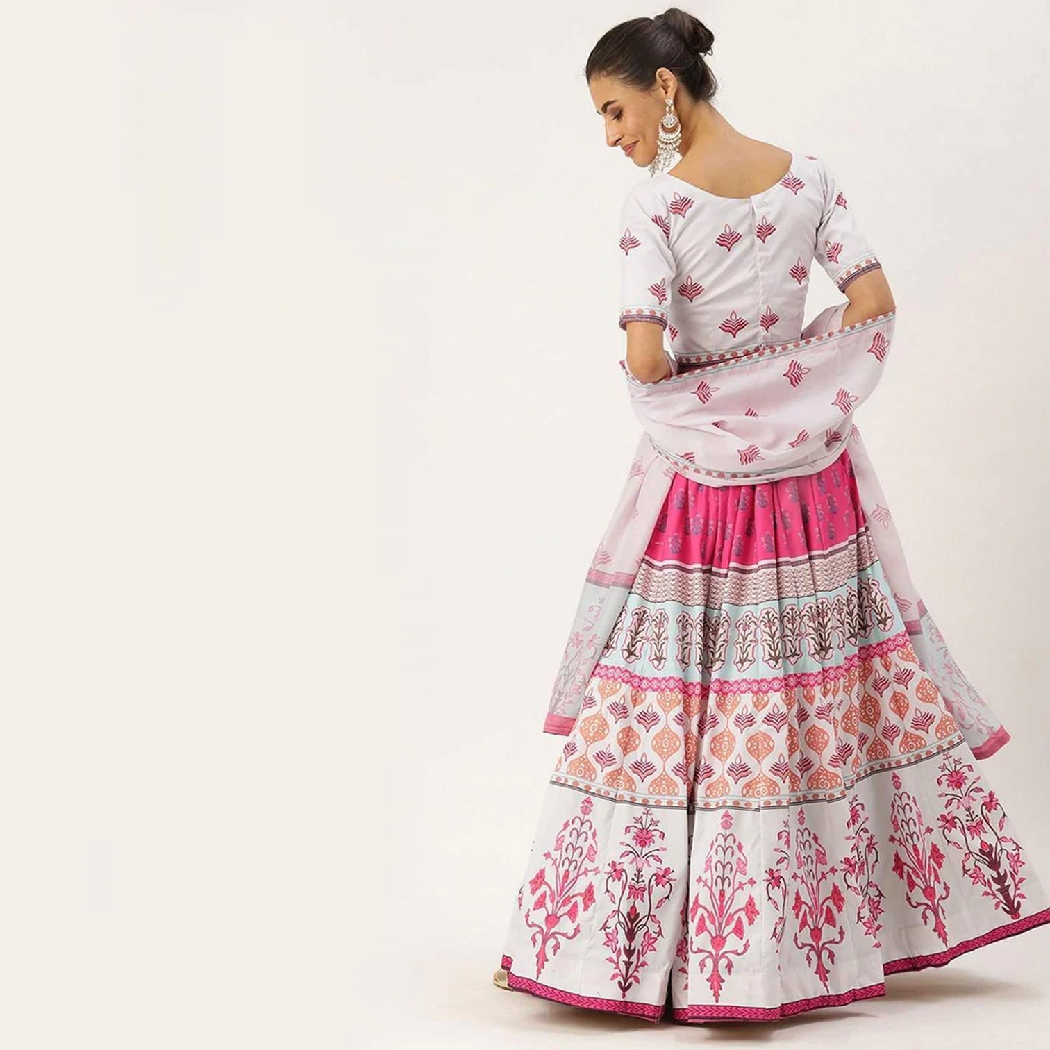 White And Pink Multicolored Printed Lehenga Choli