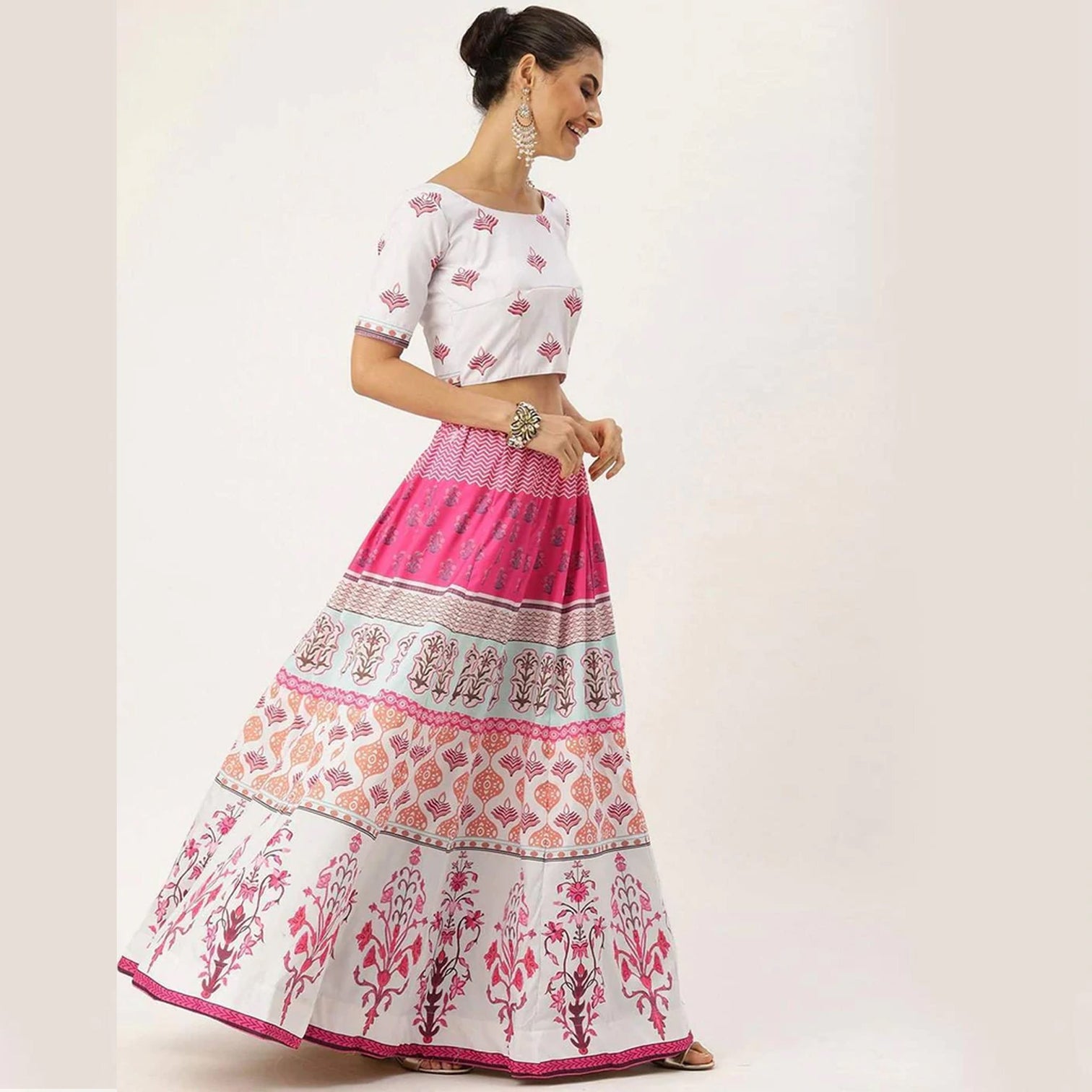 White And Pink Multicolored Printed Lehenga Choli