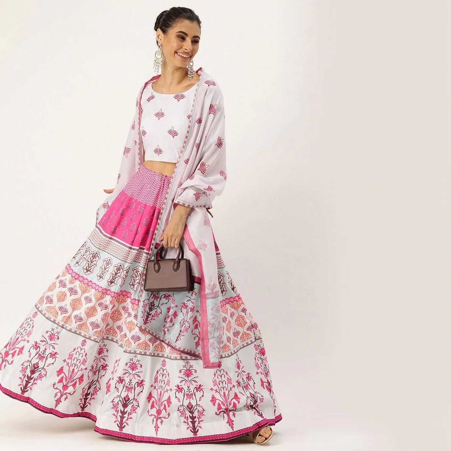 White And Pink Multicolored Printed Lehenga Choli