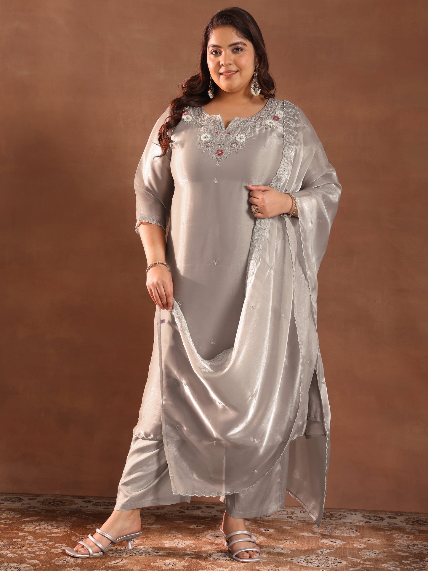 Plus Size Taupe Yoke Design Tissue Straight Suit With Dupatta