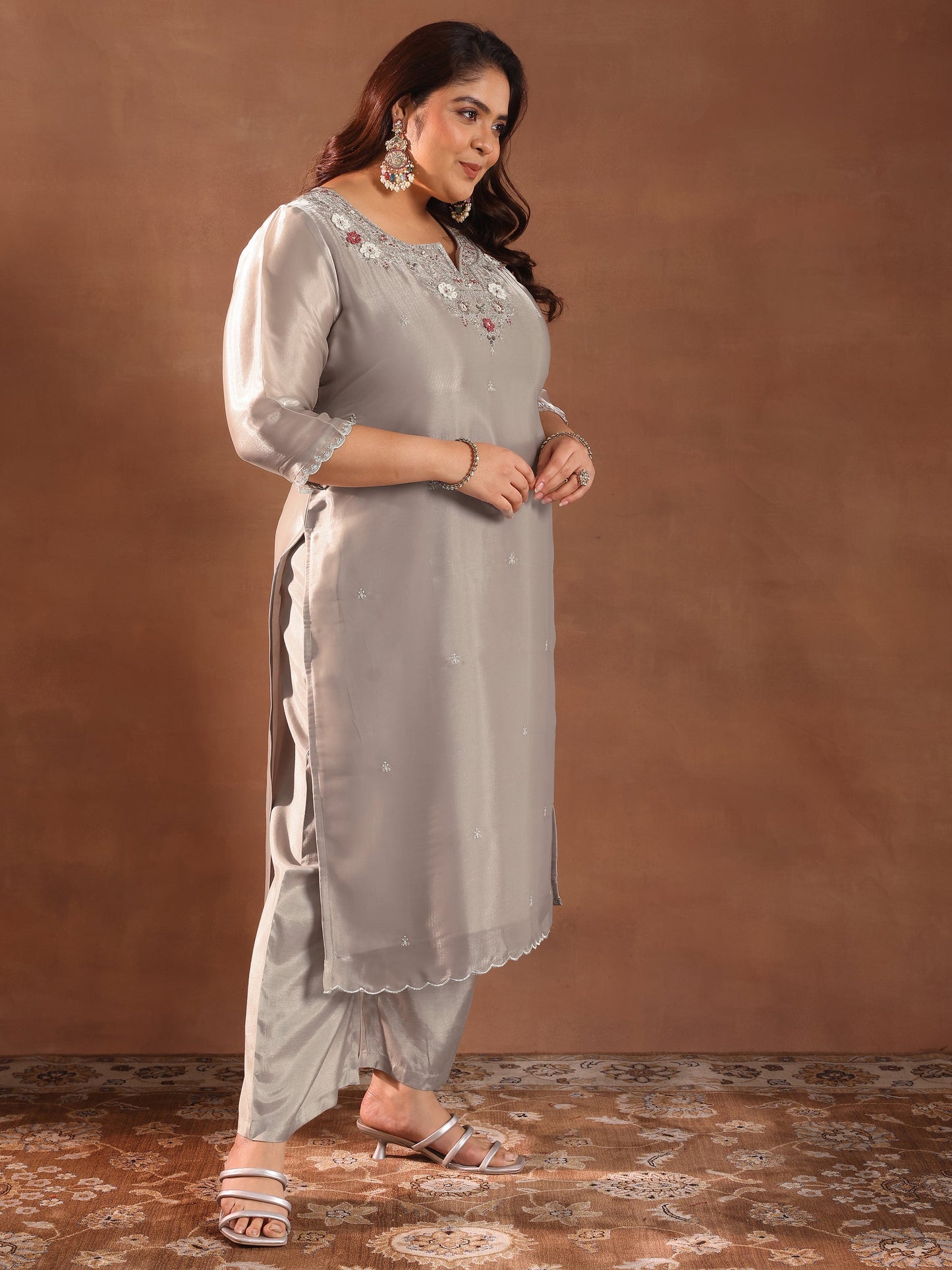 Plus Size Taupe Yoke Design Tissue Straight Suit With Dupatta