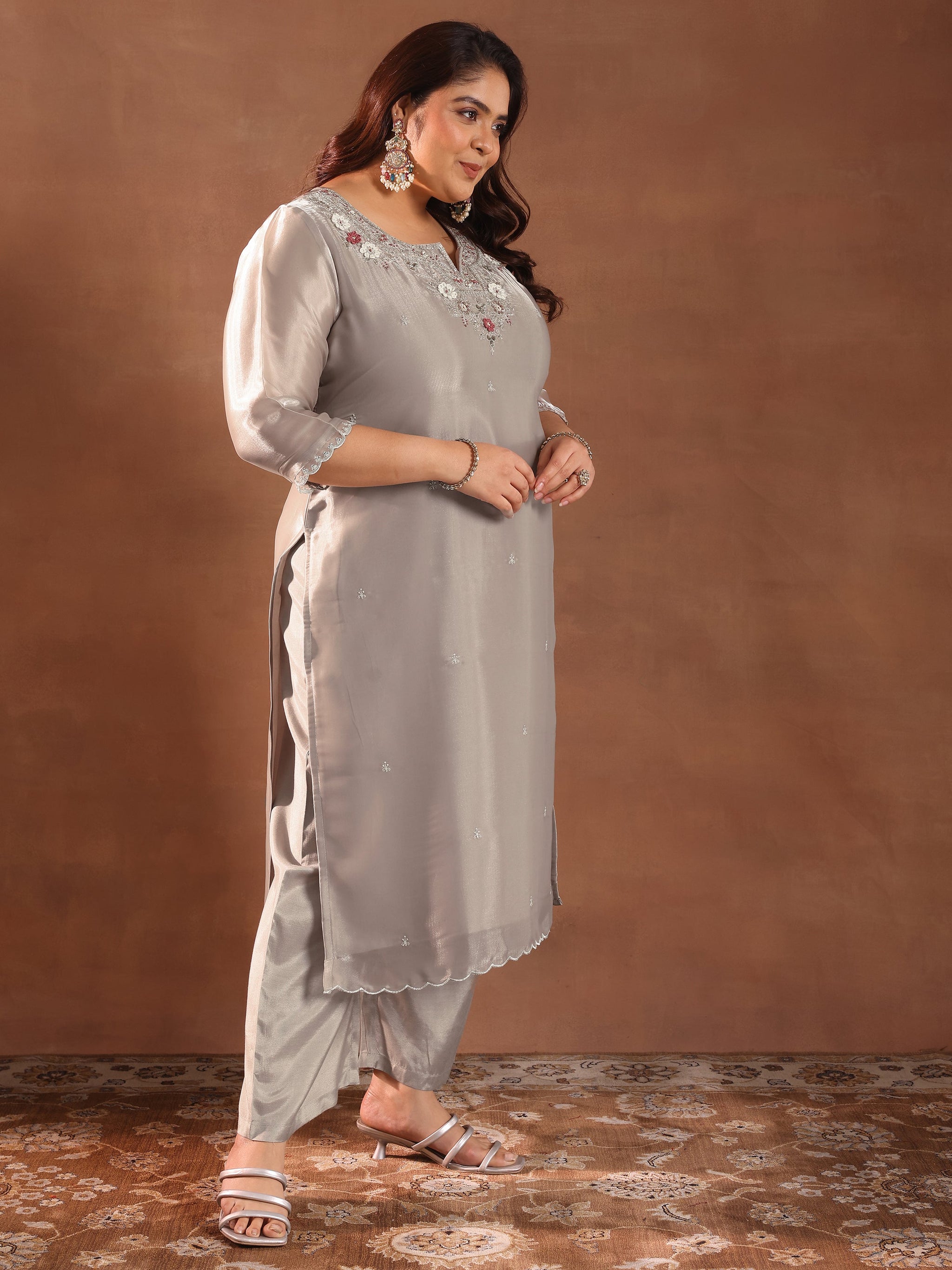 Plus Size Taupe Yoke Design Tissue Straight Suit With Dupatta