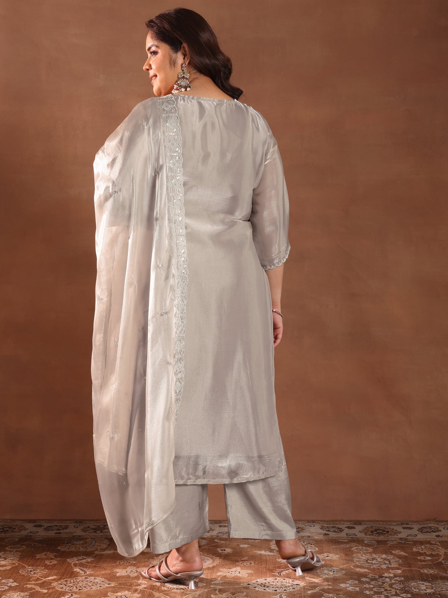 Plus Size Taupe Yoke Design Tissue Straight Suit With Dupatta