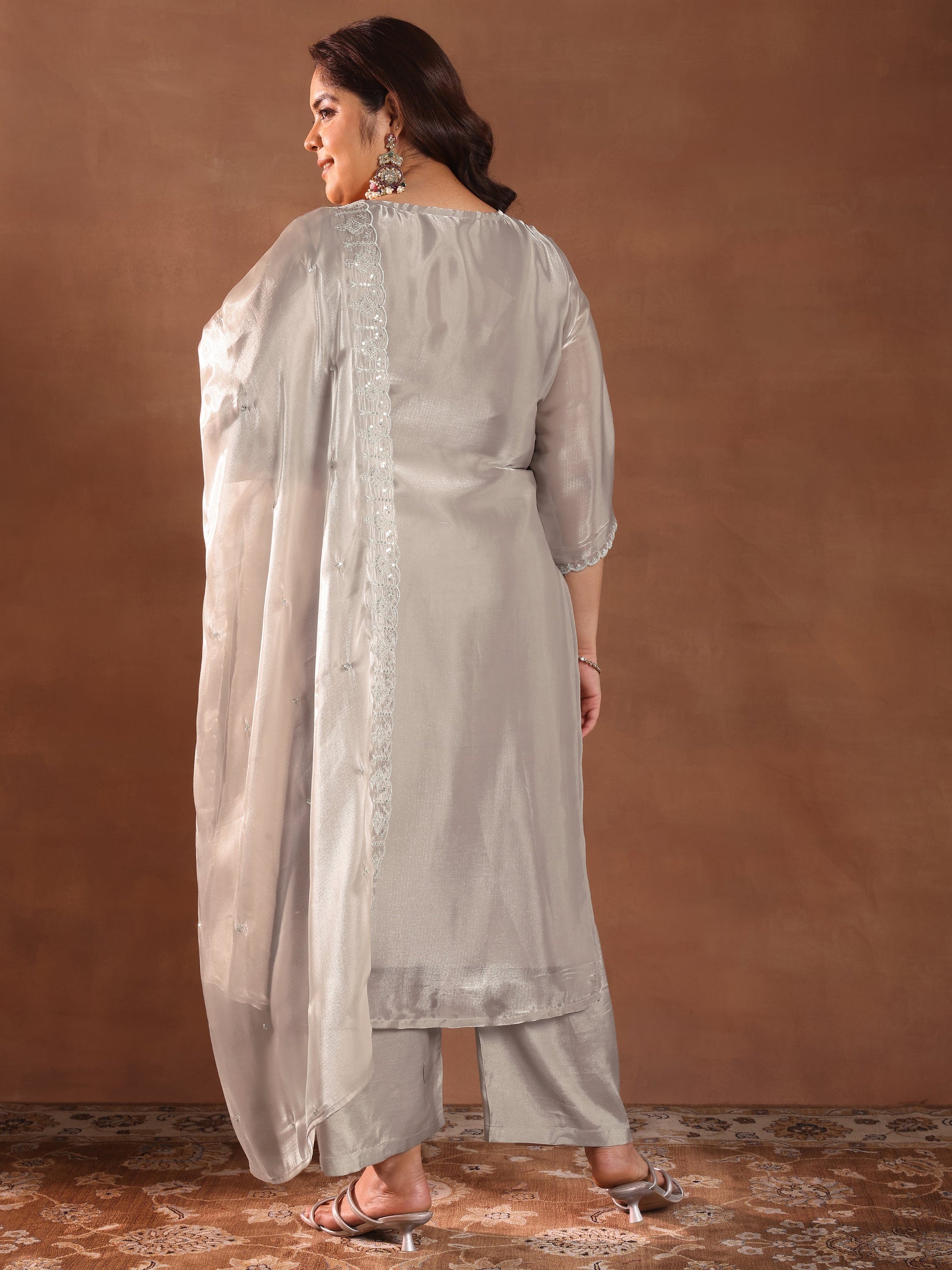 Plus Size Taupe Yoke Design Tissue Straight Suit With Dupatta