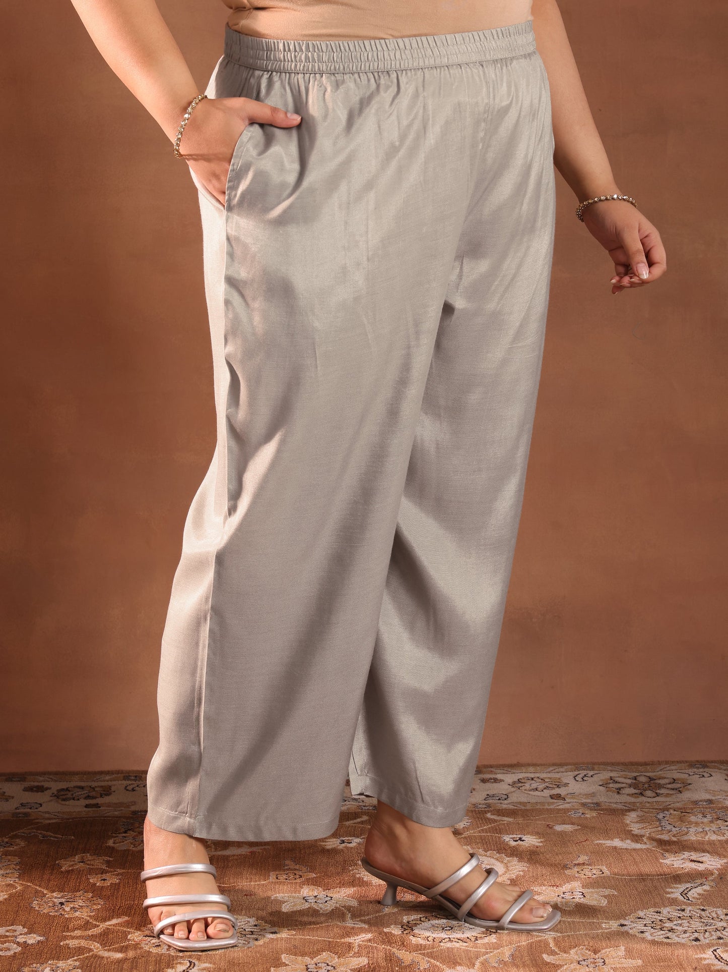 Plus Size Taupe Yoke Design Tissue Straight Suit With Dupatta